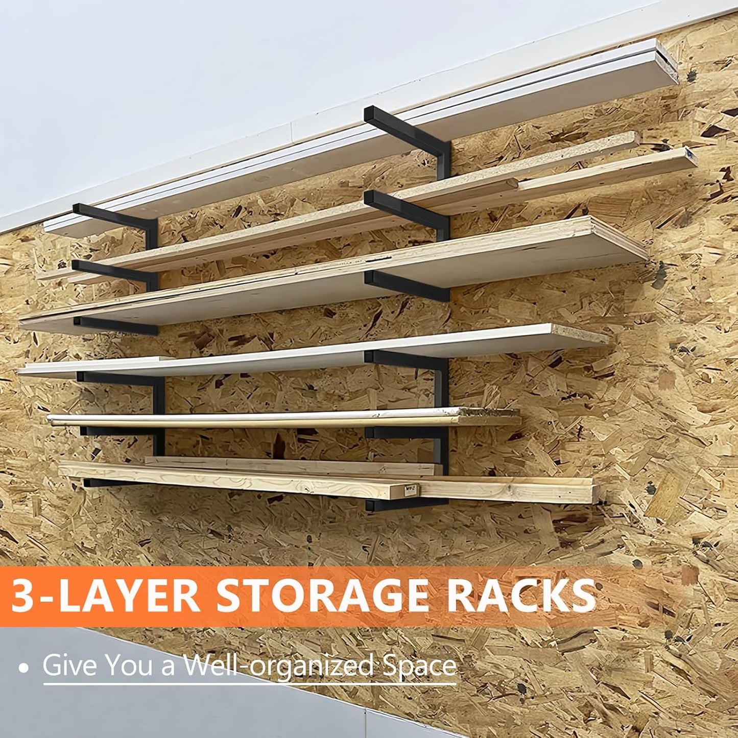 Wood Storage Racks with 3 Level, Garage Organizer Lumber Storage Rack Wall Mounted, Workshop Organizers Wood Wall Shelving, Lumber Metal Racks for Garage, Basement, Indoor and Outdoor (Black-4 Pack)