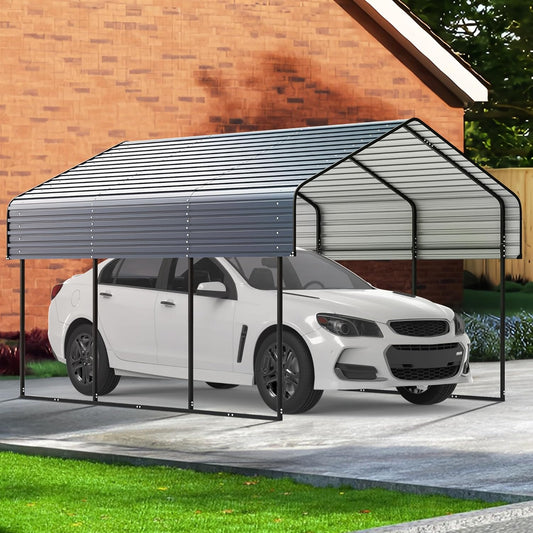 10'x15' Heavy Duty Metal Carport, Outdoor Garage Car Shelter Shade with Heavier Frame, Galvanized Roof for Car and Boats, Grey