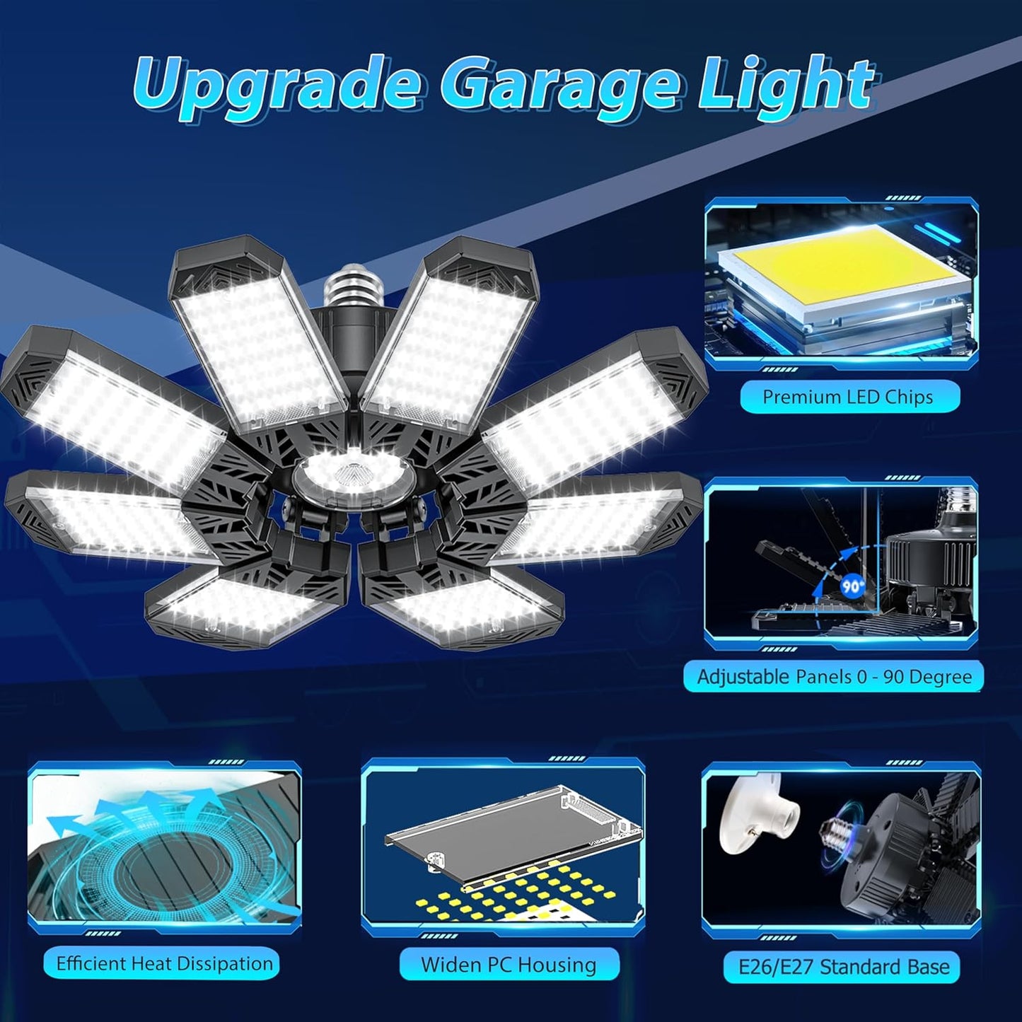 ISKYDRAW LED Garage Lights 2 Pack, 260W 26000LM Bright Shop Light with 8+1 Deformable Panels, 6500K Garage Ceiling Light Screw Into E26 E27 Bulb Socket Bay Lighting for Workshop Basement Barn Attic