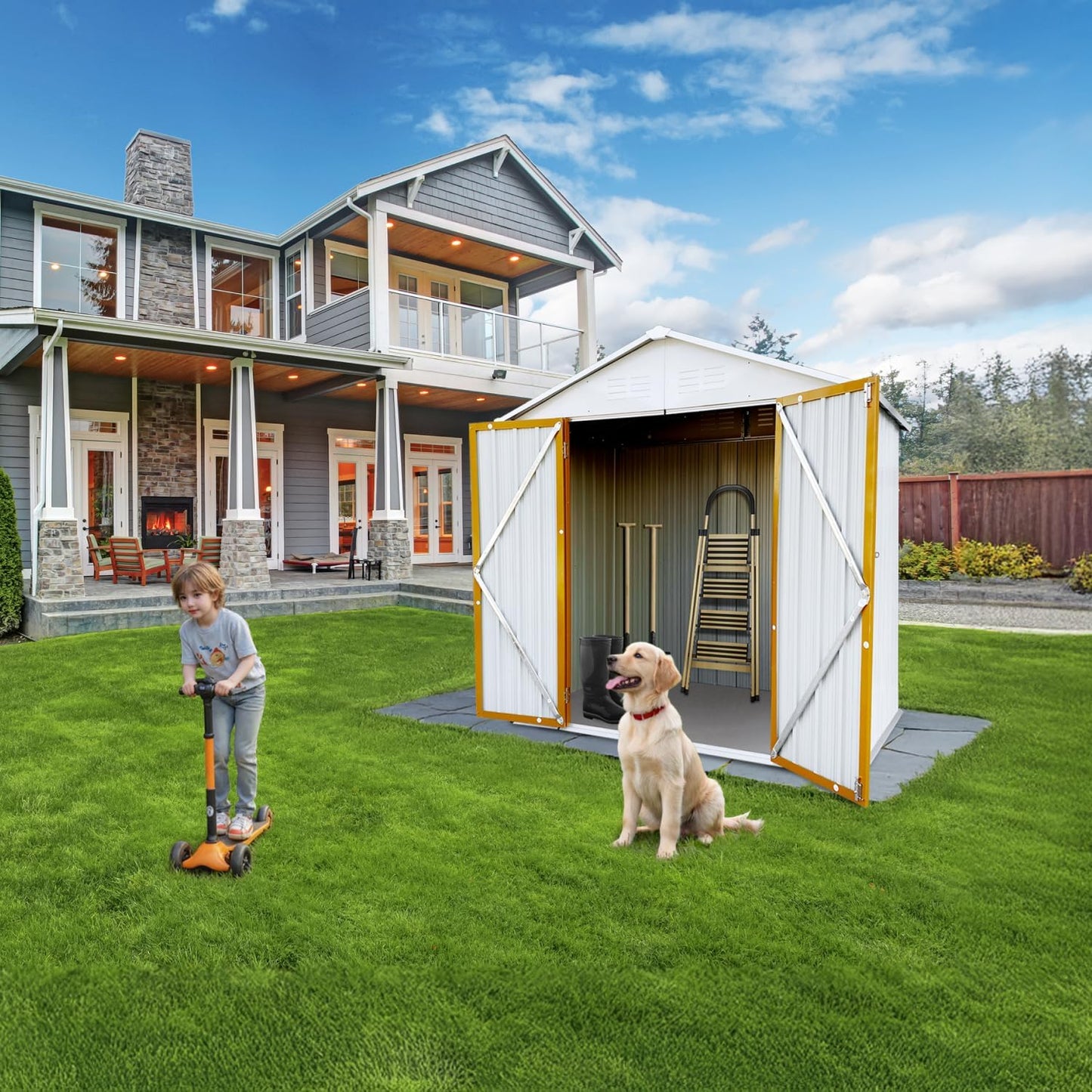 6 x 4 FT Outdoor Storage Metal Shed, Bike Garden Tool Shed with Slooping Roof, Lockable Doors and Aluminum Frames, Shed Easy to Assemble for Garden, Patio, Lawn, White+Yellow