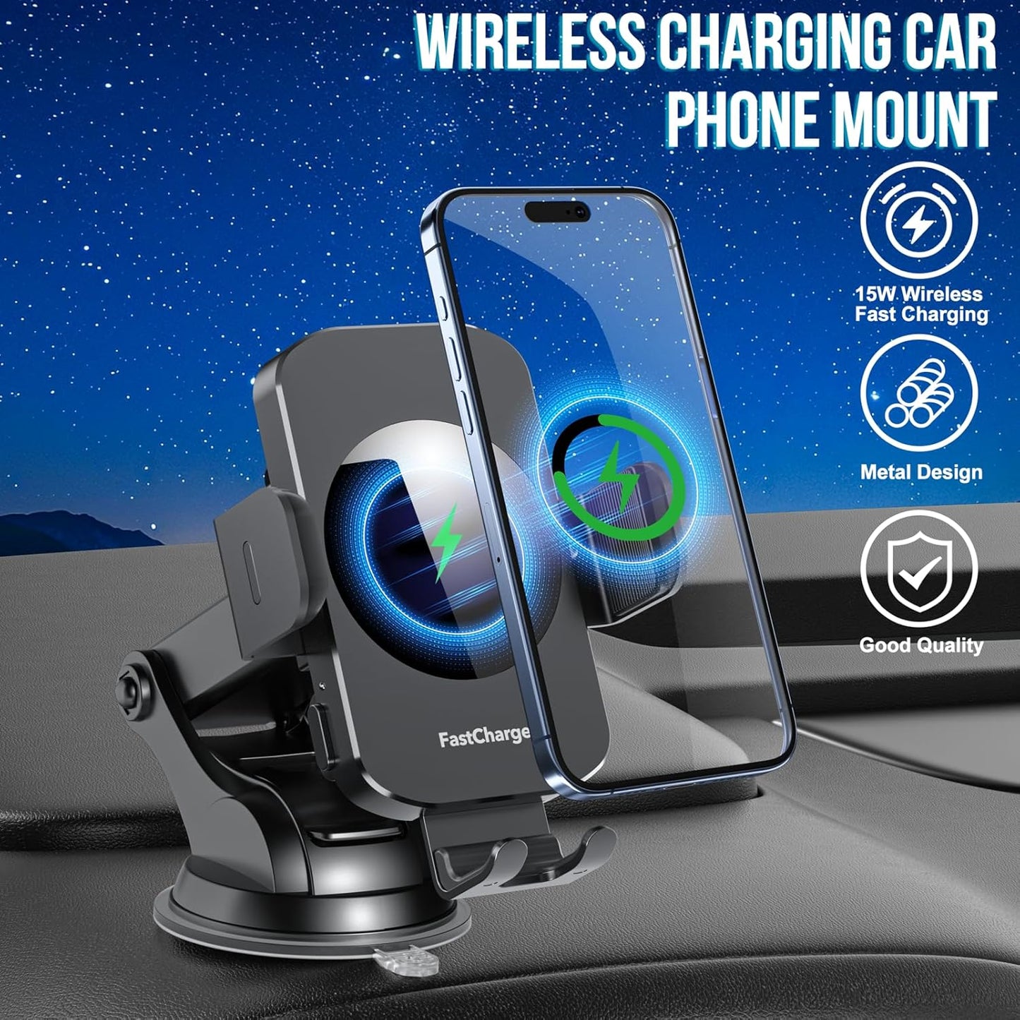 Wireless Car Charger, Fast Charging 15W Auto Clamping Car Charger Phone Holder Phone Mount for iPhone16 15 14 13 12 11 Pro Max Xs, Samsung Galaxy S24 Ultra S23 S22 S21 S20 S10+ Note 9, etc