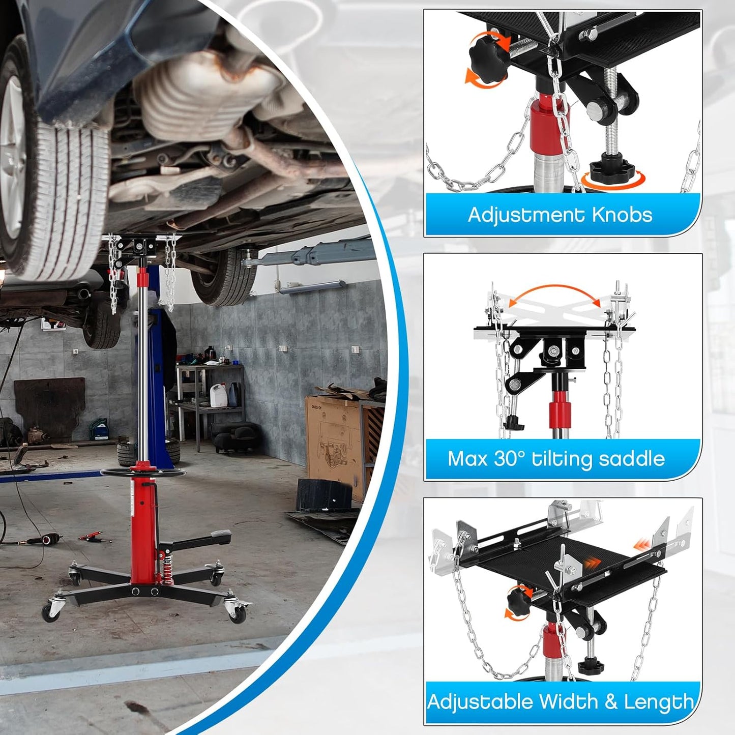 Transmission Jack, 1322lbs (3/5 Ton), 2-Stage Hydraulic Telescopic Jacks, Lifts 34"-68", with Foot Pedal & 360° Swivel Wheels, Ideal for Garage and Car Lifting, Heavy-Duty, Red