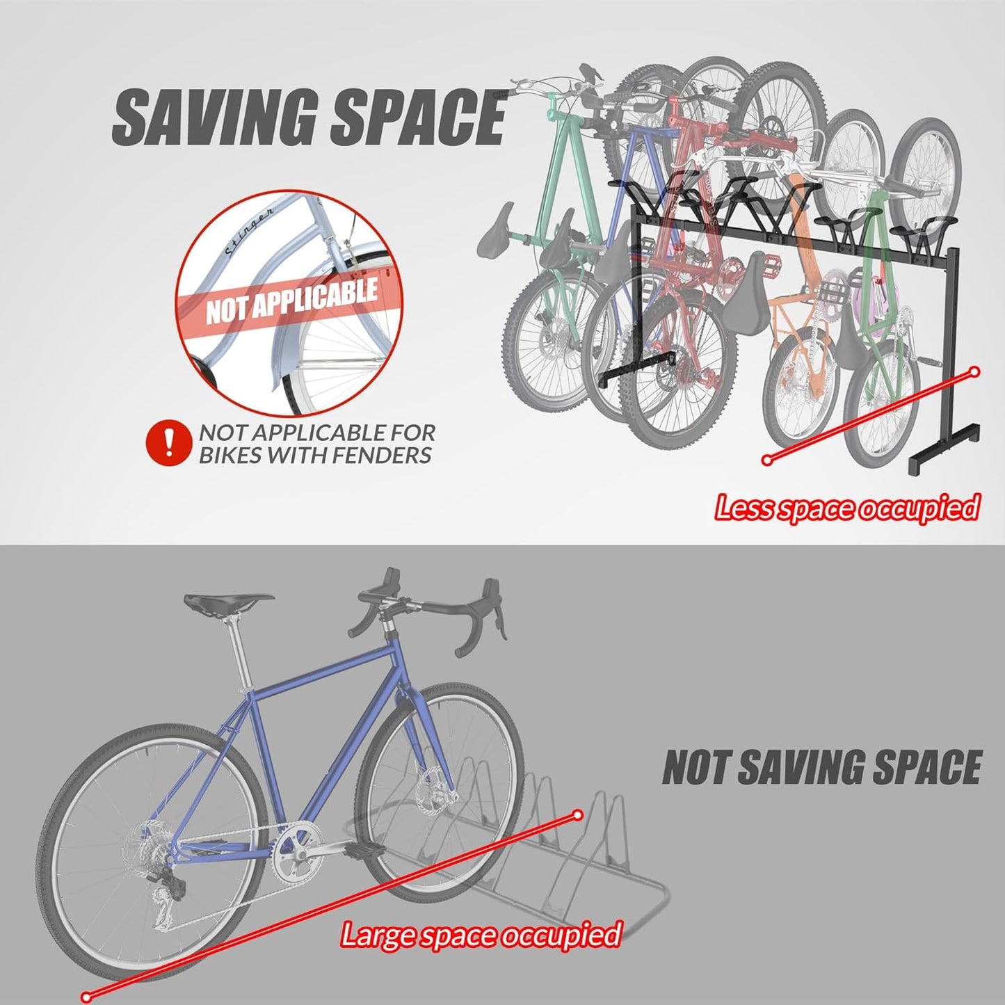 5 Bikes Floor Stand, Adjustable Bicycle Parking Rack with Hook for Garage, Indoor, Outdoor, Free Combination Bike Storage Cycle Rack for Mountain, Road and Kids Bikes, Max Tire Width 2.5”