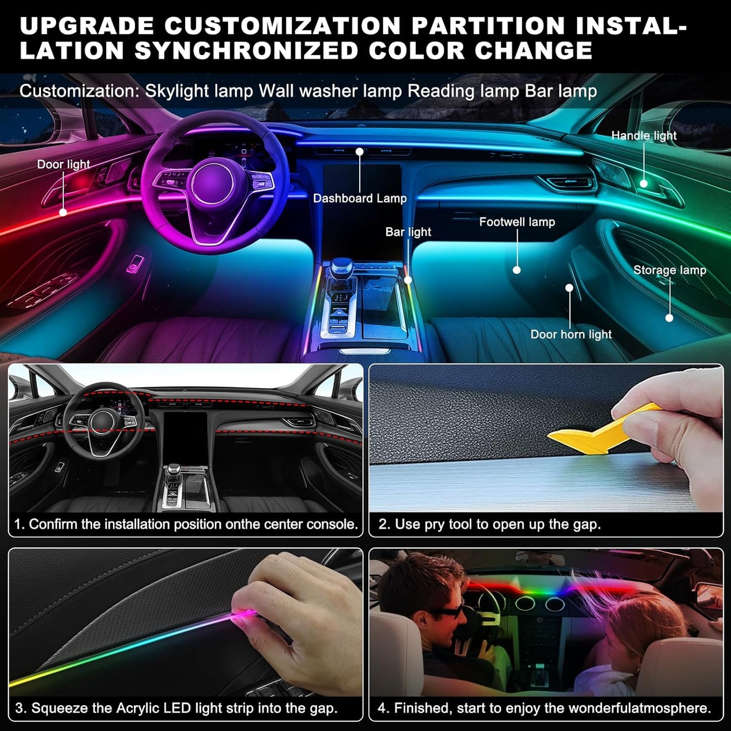 Dream+Color Acrylic Interior Car LED Strip Light with APP, RGB 22 in 1 with 175 inches 600 LEDs Fiber Optic Ambient Lighting Kits, Dynamic Chasing Music Sync Neon LED Strip for Car Accessories