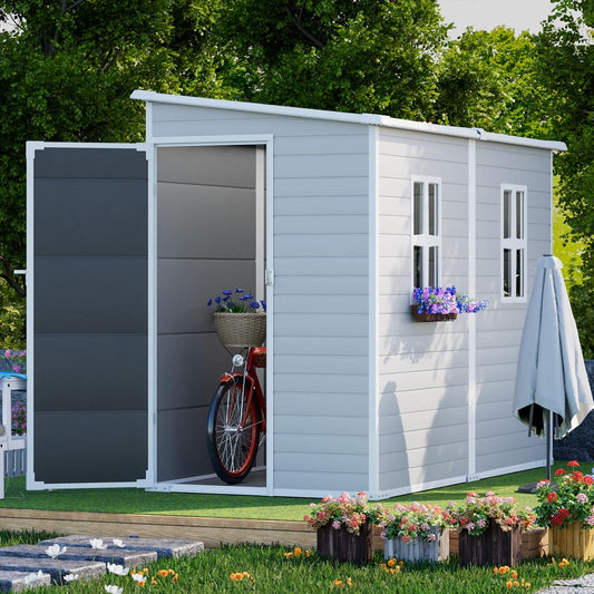 8x4 FT Resin Storage Shed with Floor Window for Outdoor Garden Waterproof Plastic Sheds Kit for Backyard Tool Storage, Gray