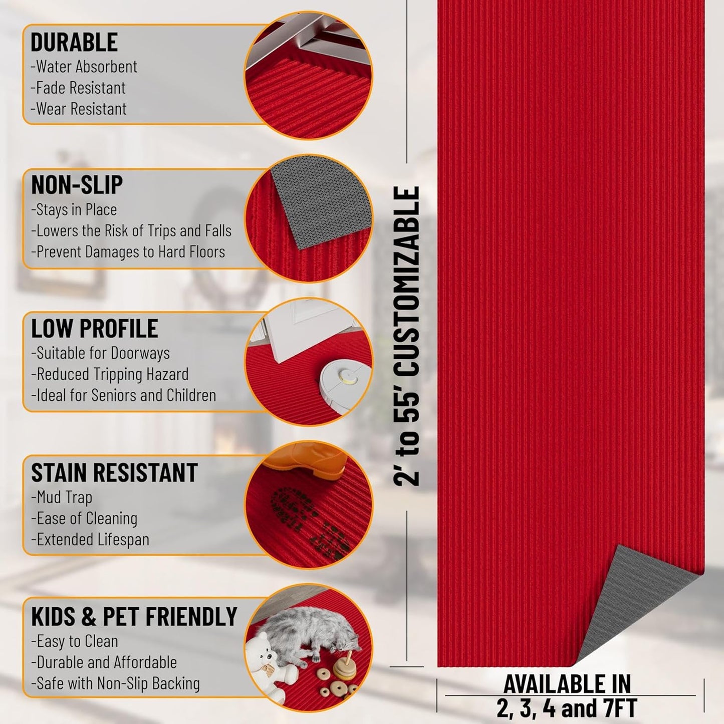 Ottomanson 2'7" x 16' Hallway Runner with Scraper Pile Extra Durable Non-Slip Rug Mat for Indoor & Outdoor Use - Ideal for Kitchen, Entryway, Patio & Garage - High-Traffic Carpet, Red