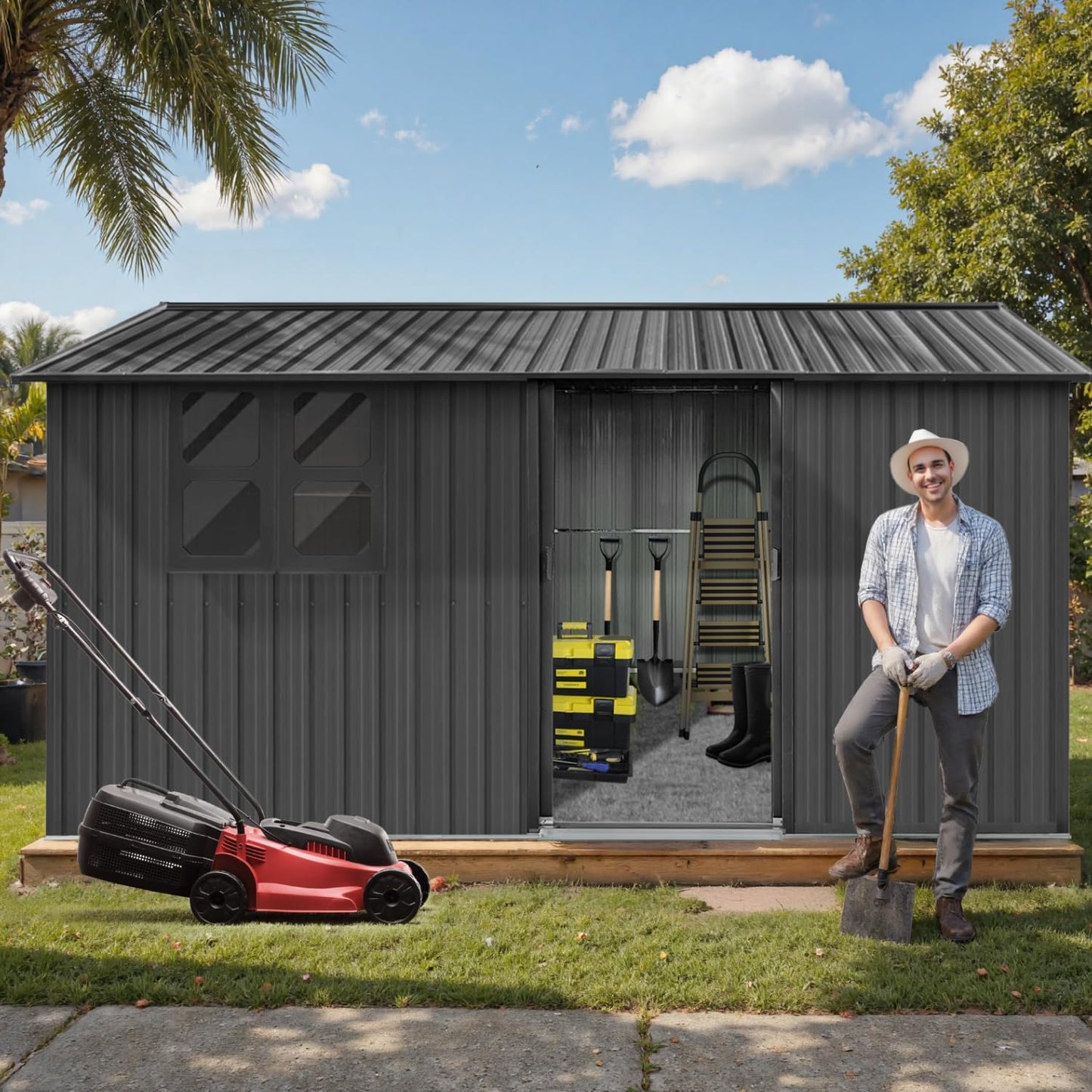12 x 10 FT Outdoor Storage Shed, Metal Garden Tool Shed with Slooping Roof, Lockable Doors, All-Weather Bike Shed Easy to Assemble for Backyard, Patio, Lawn, Black