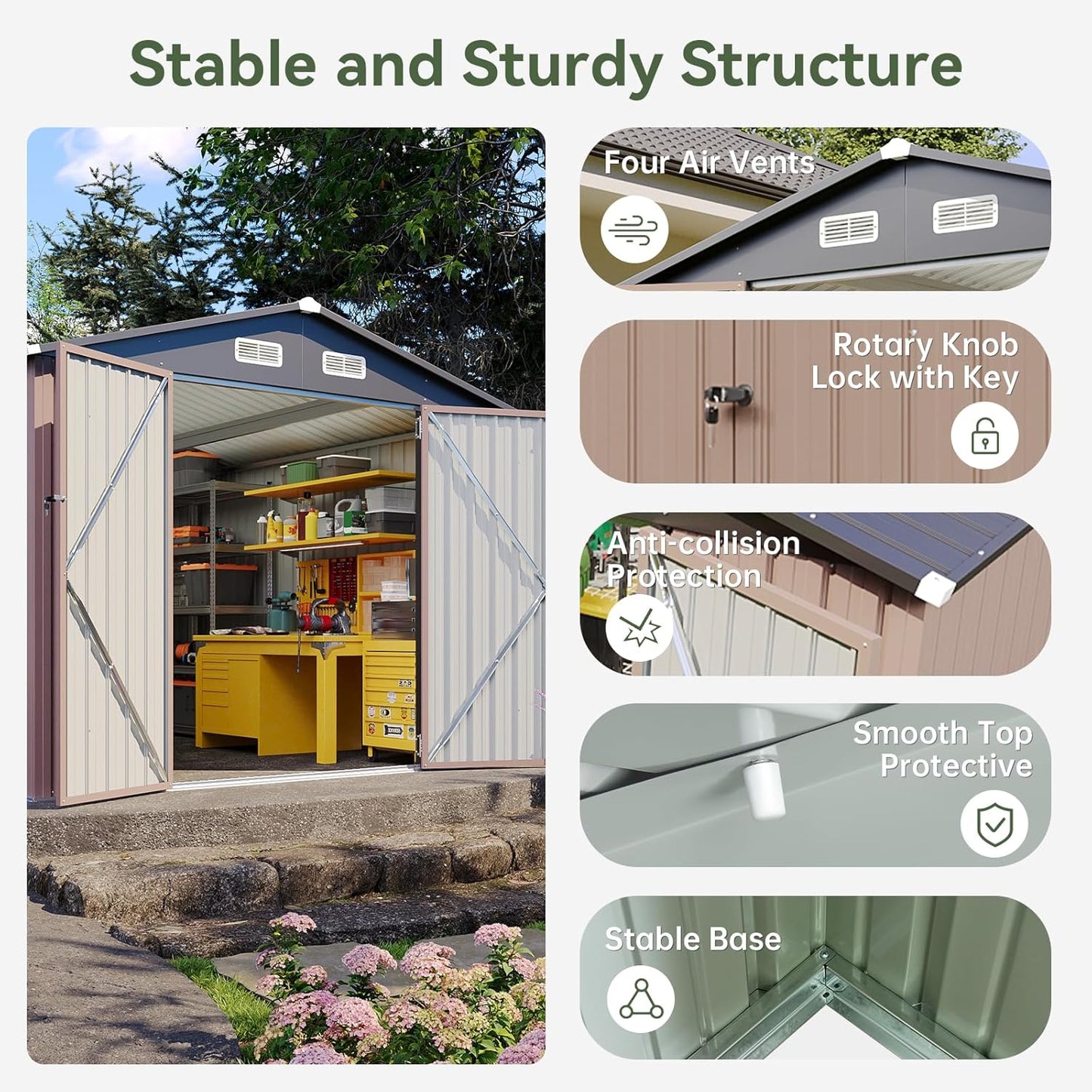 Aoxun 8x12 FT Outdoor Storage Shed Large Shed Steel Utility Tool Shed Storage House with Door & Lock, Metal Sheds with Sloped Roof for Garden Patio Lawn Poolside, Brown