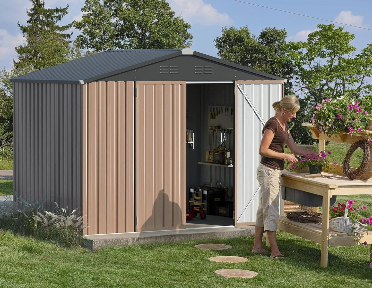 AECOJOY 8' x 6' Metal Storage Shed for Outdoor, Steel Backyard 6x8 Sheds & Outdoor Storage with Lockable Doors, Utility and Tool Storage for Garden, Backyard, Patio, Outside use