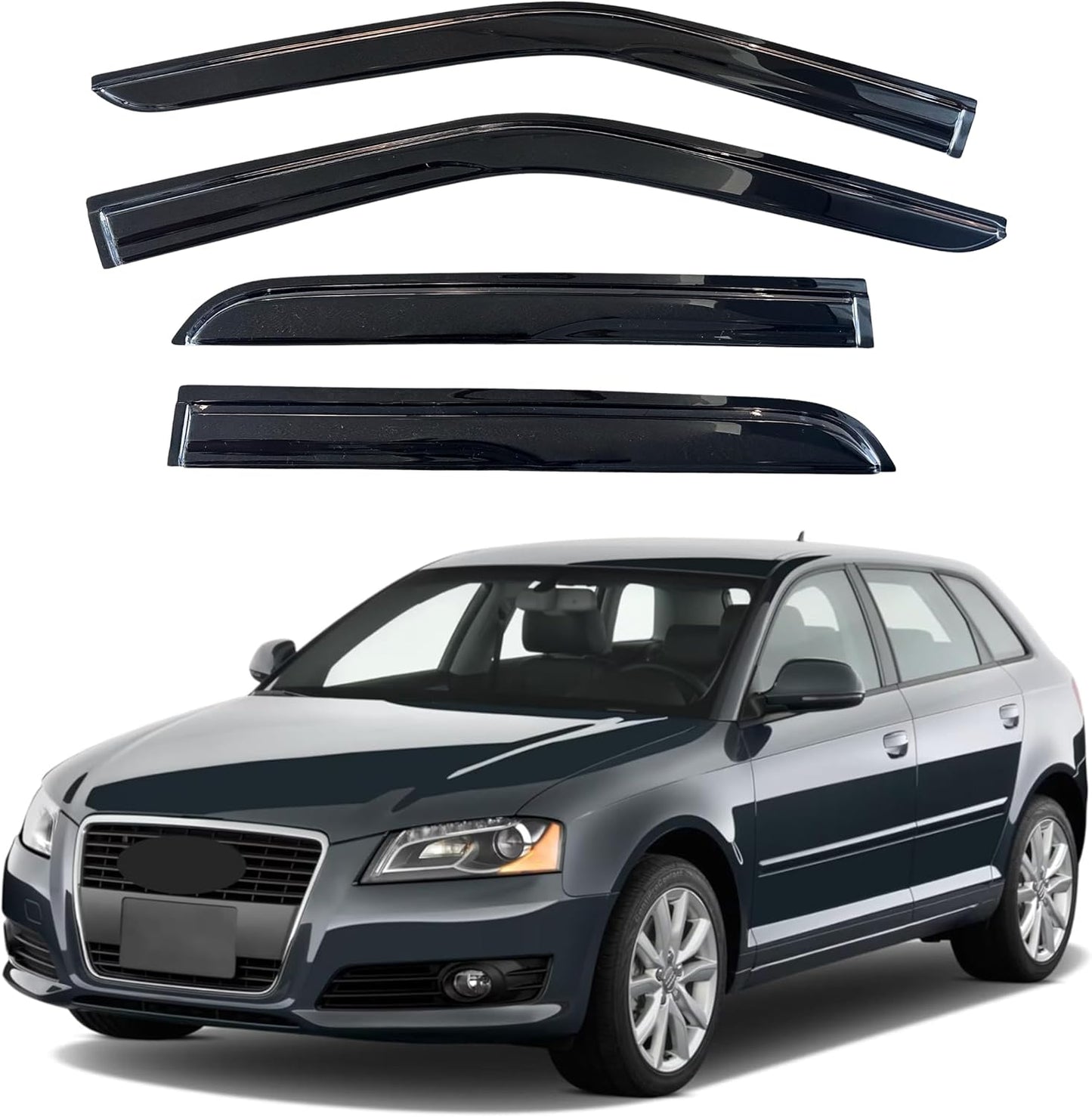 KPY Window Visor Compatible with Audi A3 Hatchback 2003-2013, 4PC Rain Guard Side Window Vent Deflectors Tape-On Mugen Style, 2003 2004 2005 2006 2007 2008 2009 2010 2011 2012 2013