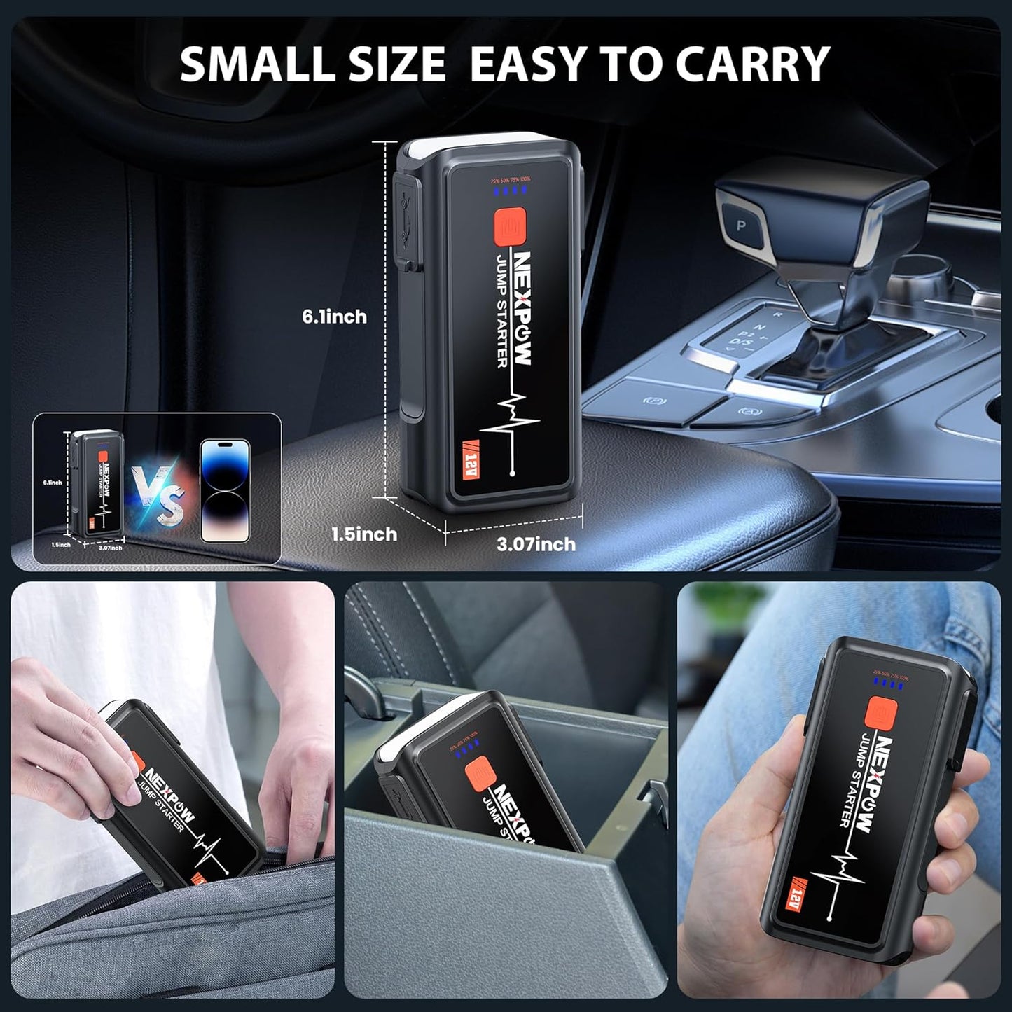 Car Jump Starter 3000A, NEXPOW 12V Battery Jumper Start Pack Kit for Up to 9.0L Gas & 7.0L Diesel Engines, Portable Jump Box with Jumper Cables, USB Quick Charge, LED Flashlight for Car, Motorcycle