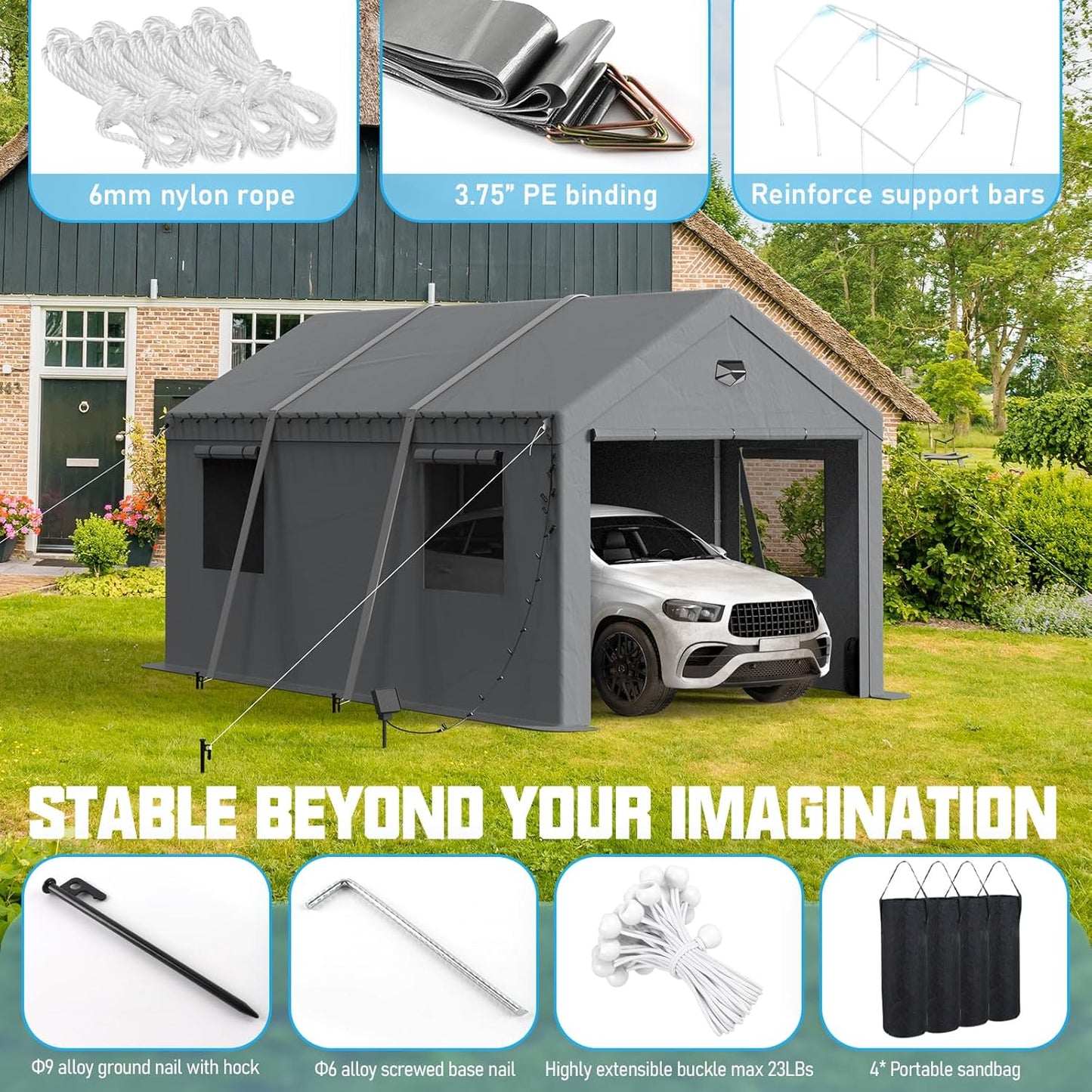 10x20 Carport, Heavy Duty Carport Canopy Garage with Removable Sidewalls and Drive Through Roll Up Zipper Doors, Grey