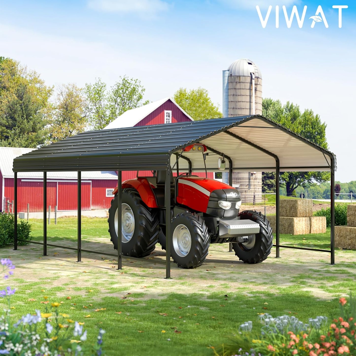 Carport 12x20 FT Metal Carport with Enhanced Base Outdoor Heavy Duty Garage Galvanized Car Shelter for Pickup, Boat, Car and Tractors