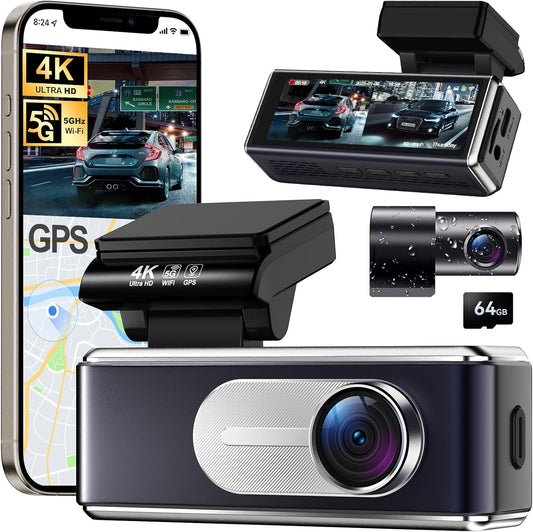 Dash Cam Front and Rear - 4K HD Dual Dash Camera for Cars, Built-in 5G WiFi GPS, 64GB Card, Dashcam with 3.2" IPS Screen, UHD Night Vision, HDR, App Control, 24H Parking Monitor