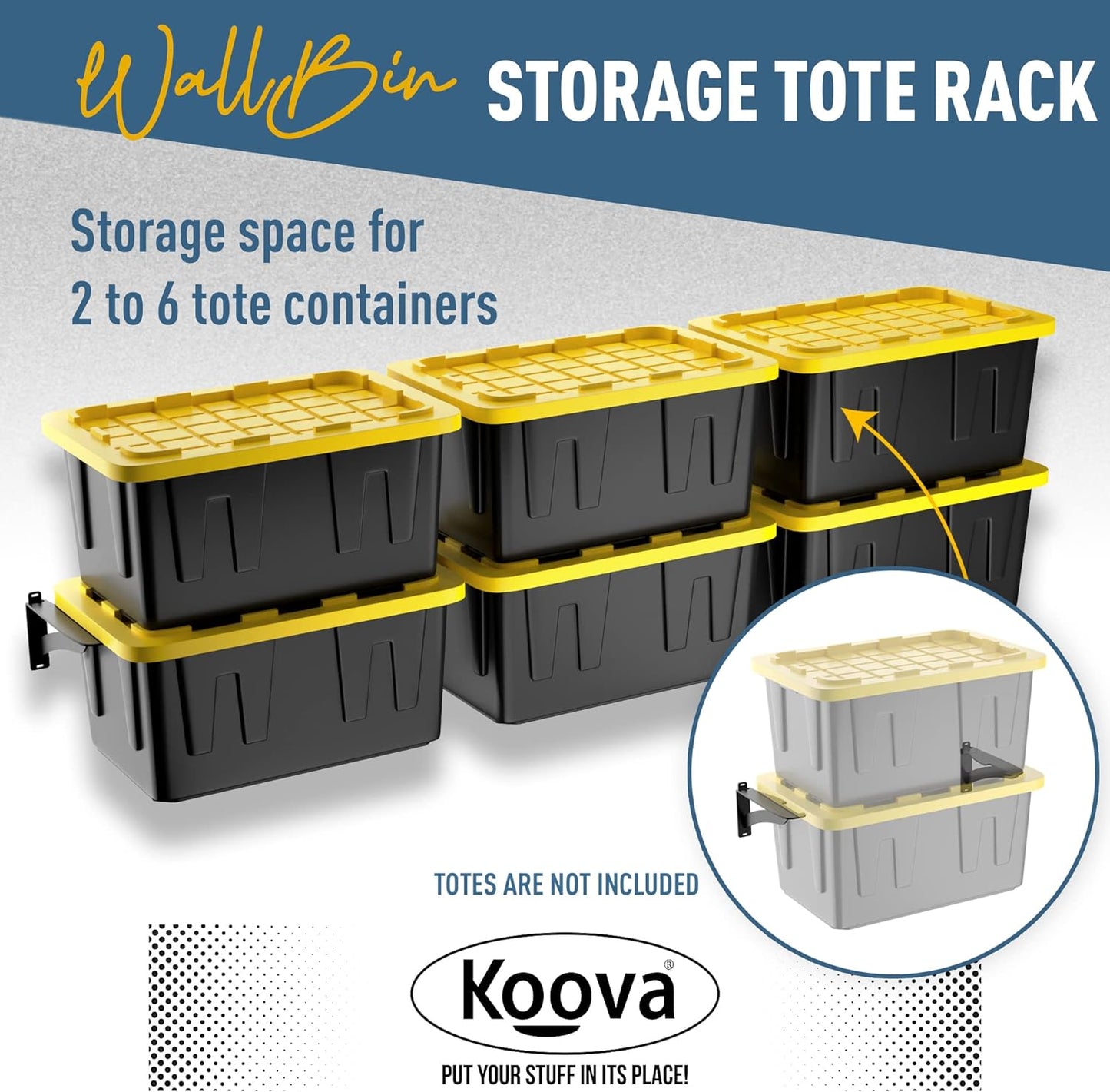 Koova Wall Mounted Tote Rack Storage System, Fits 27-Gallon Black and Yellow Commander Style Bins, Wall Mount Bracket Shelves for Garage Organization, Heavy Duty Steel, Made in USA (1-Piece Add-on)