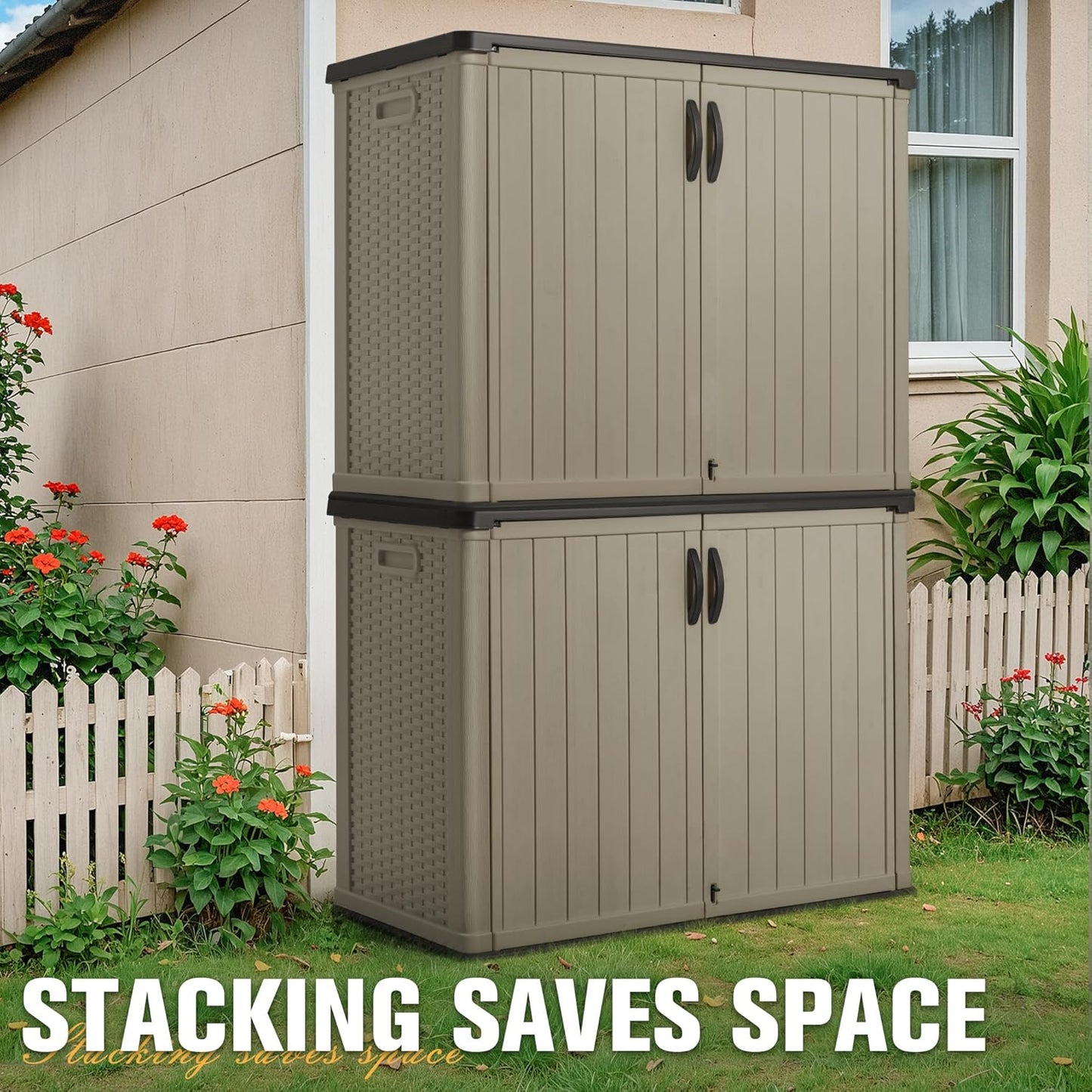 Greesum Outdoor Horizontal Storage Sheds 27 Cu.ft Resin Large Storaged Box Weather Resistance, Without Shelf, Easy to Assemble, Prefect for Garden, Patios, Backyards, Beige