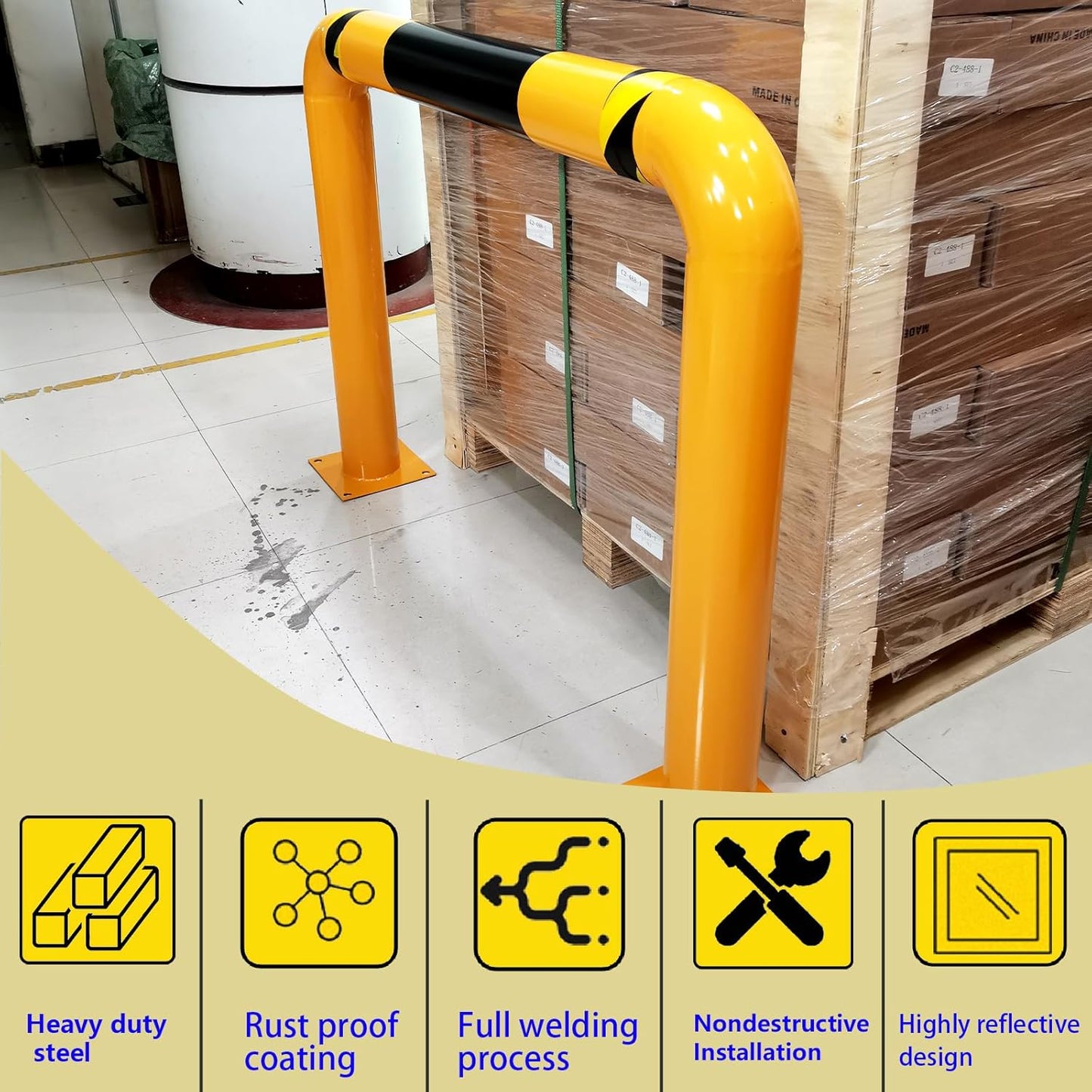 51.2"x 35.4" Hollow Machine Safety Vehicle Industrial Guard Barrier Bollard with Anchor Bolts For Warehouse Roadside Traffic Parking Area, 2 Pack, Yellow