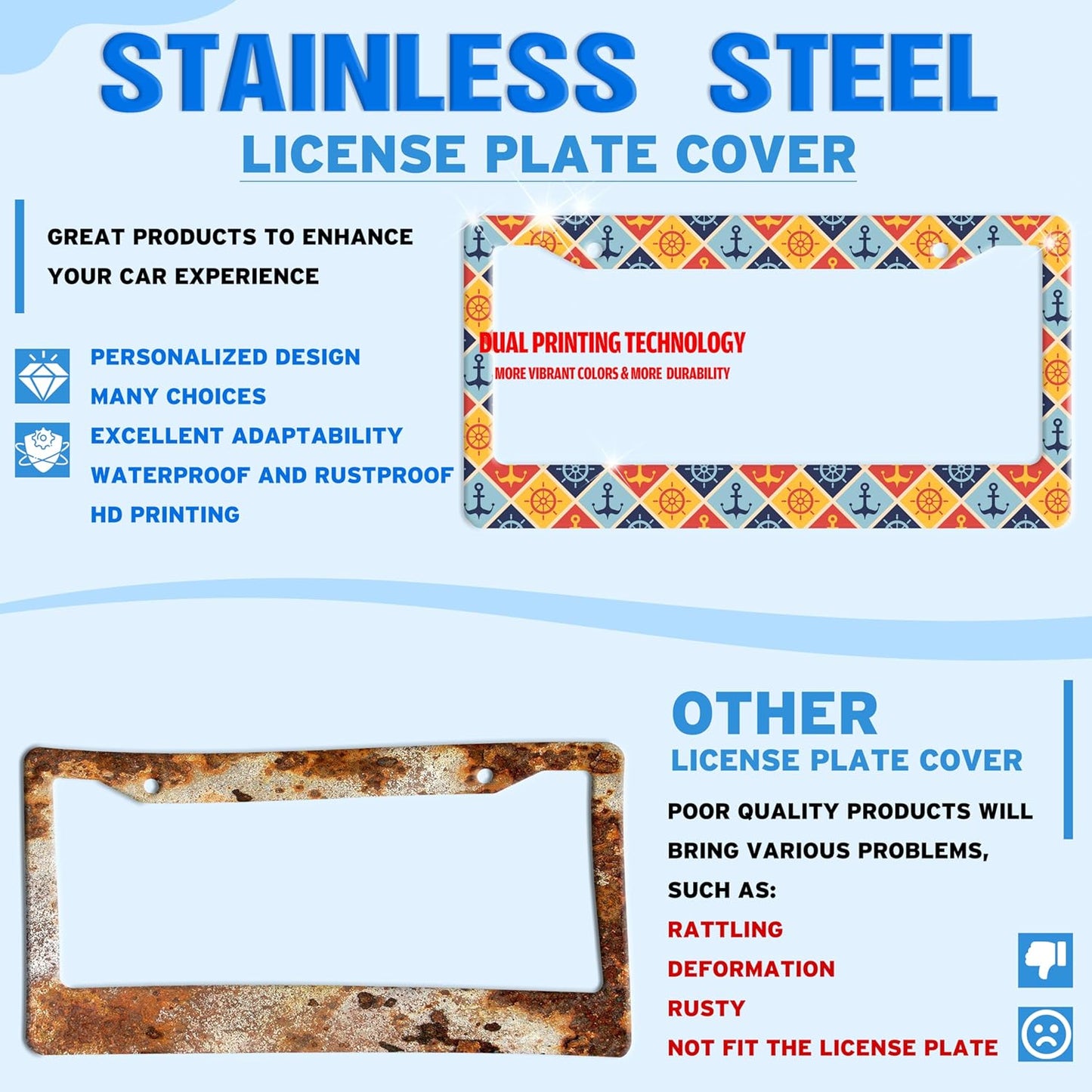 Anchor Rudder License Plate Frame Nautical Stainless Steel License Plate Holder for Front or Rear Car Tags Funny for Car Decoration Accessories with Screws 6.3 X 12.2 in for Women Men