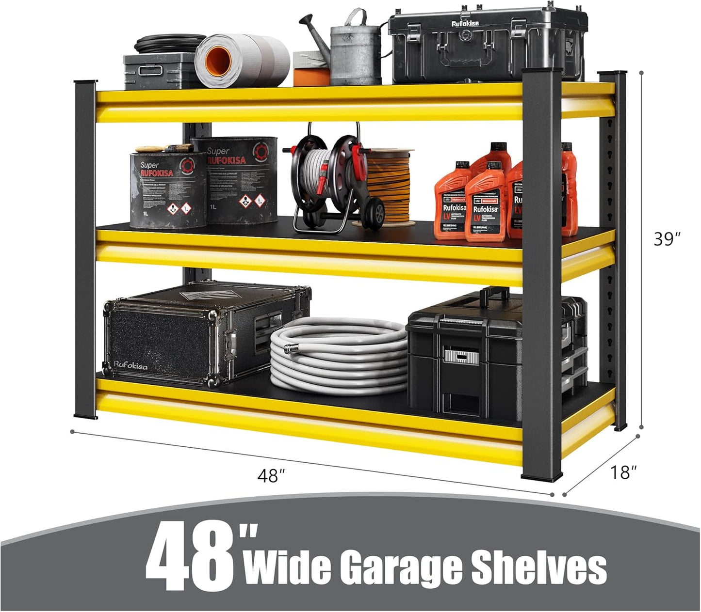 48" W Garage Shelving Heavy Duty, 1650LBS Loads Adjustable Garage Storage Shelves,3-Tier Metal Storage Racks and Shelving Units, Utility Rack Shelves,48" W x 18" D x 39" H,Yellow