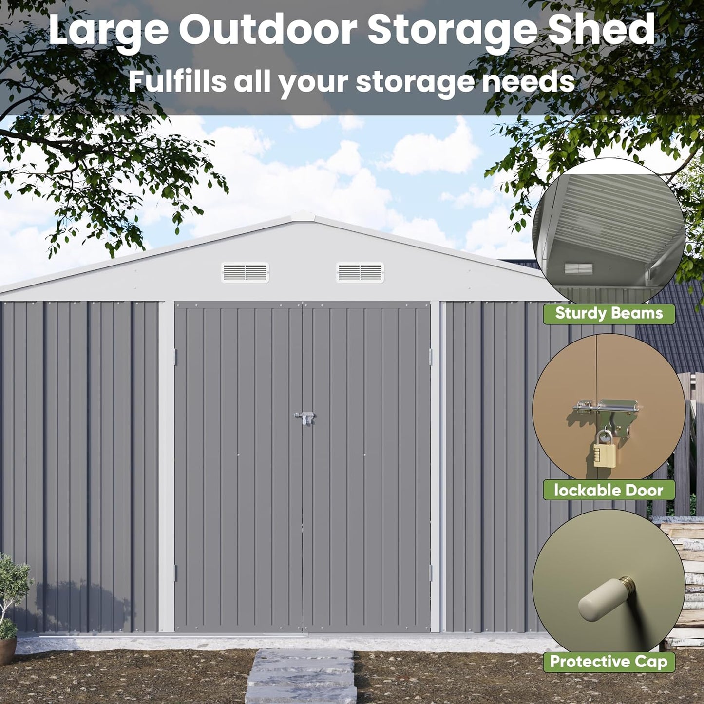 Patiowell 10 x 10 FT Outdoor Storage Shed with Floor Frame, Metal Yard Shed with Design of Lockable Doors, Utility and Tool Storage for Garden, Patio, Backyard, Outside use, Gray