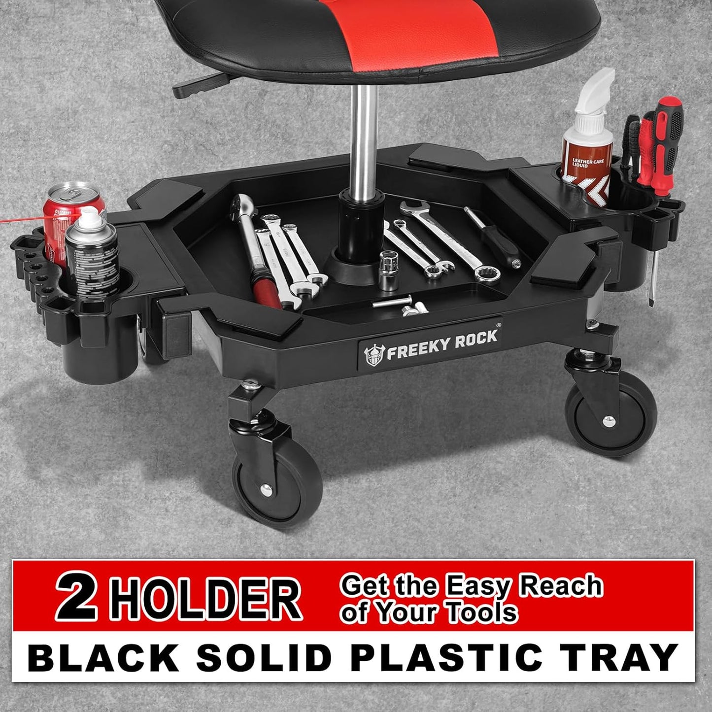 Rolling Stool with Wheels, Adjustable Height Pneumatic Garage Work Mechanic Stool Seat with Backrest, 400 LBS Capacity 360° Swivel Mechanic Crepper Chair with Tool Tray Storage, Red