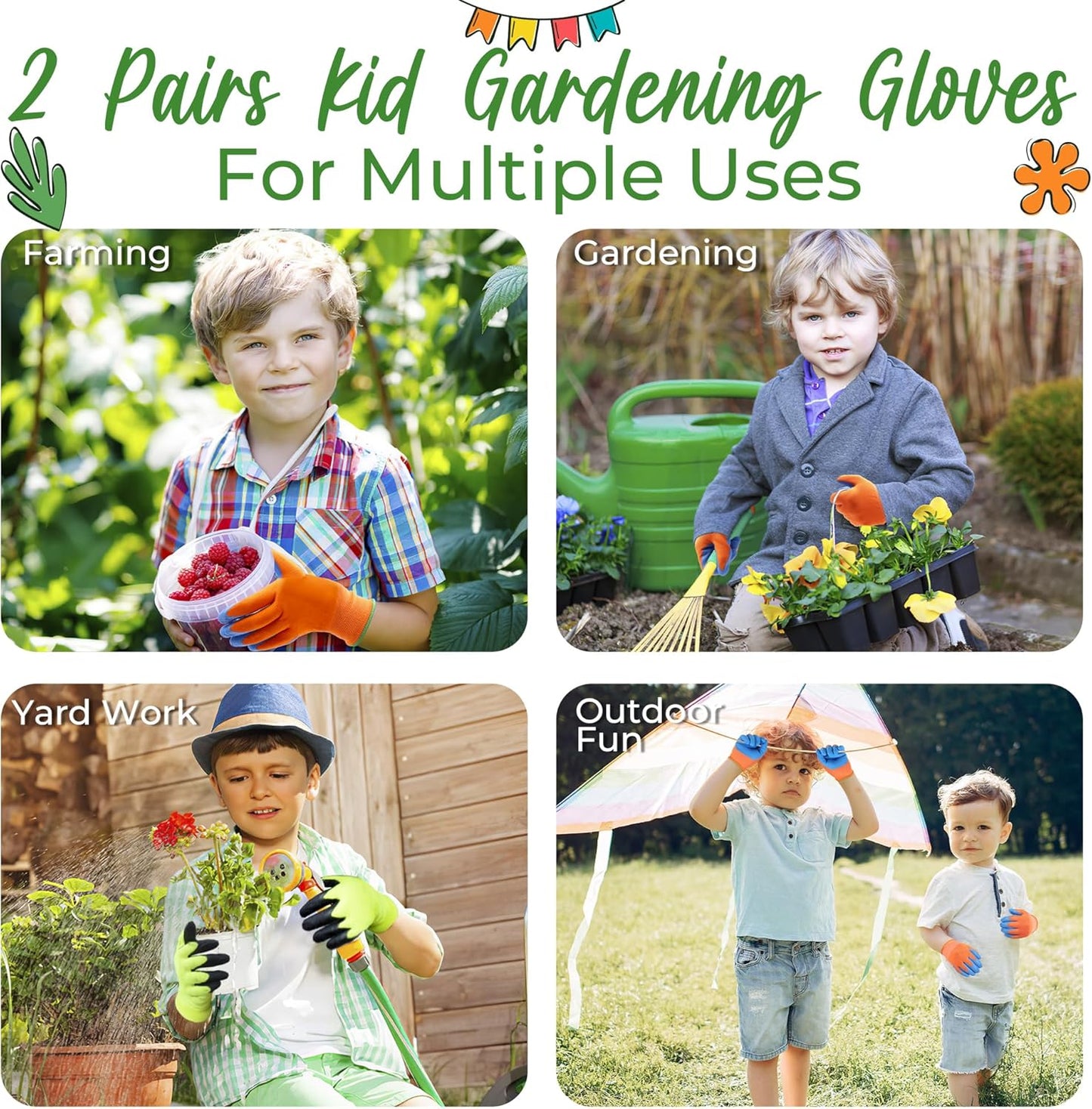 HANDLANDY 2 Pairs Kids Gardening Gripper Gloves, Foam Rubber Coated Children Toddler Garden Yard Work Outdoor Playing Gloves for Girls Boys (Size L)