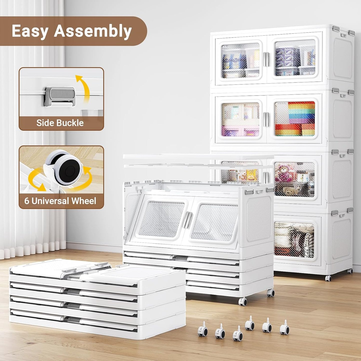 660 Qt Stackable Storage Bin with Lid, 165Gal Extra Large Collapsible Storage Boxes, Folding Plastic Drawer, Heavy-Duty Store Cabinet, Closet Organizer for Home Kitchen, 3 Pack White