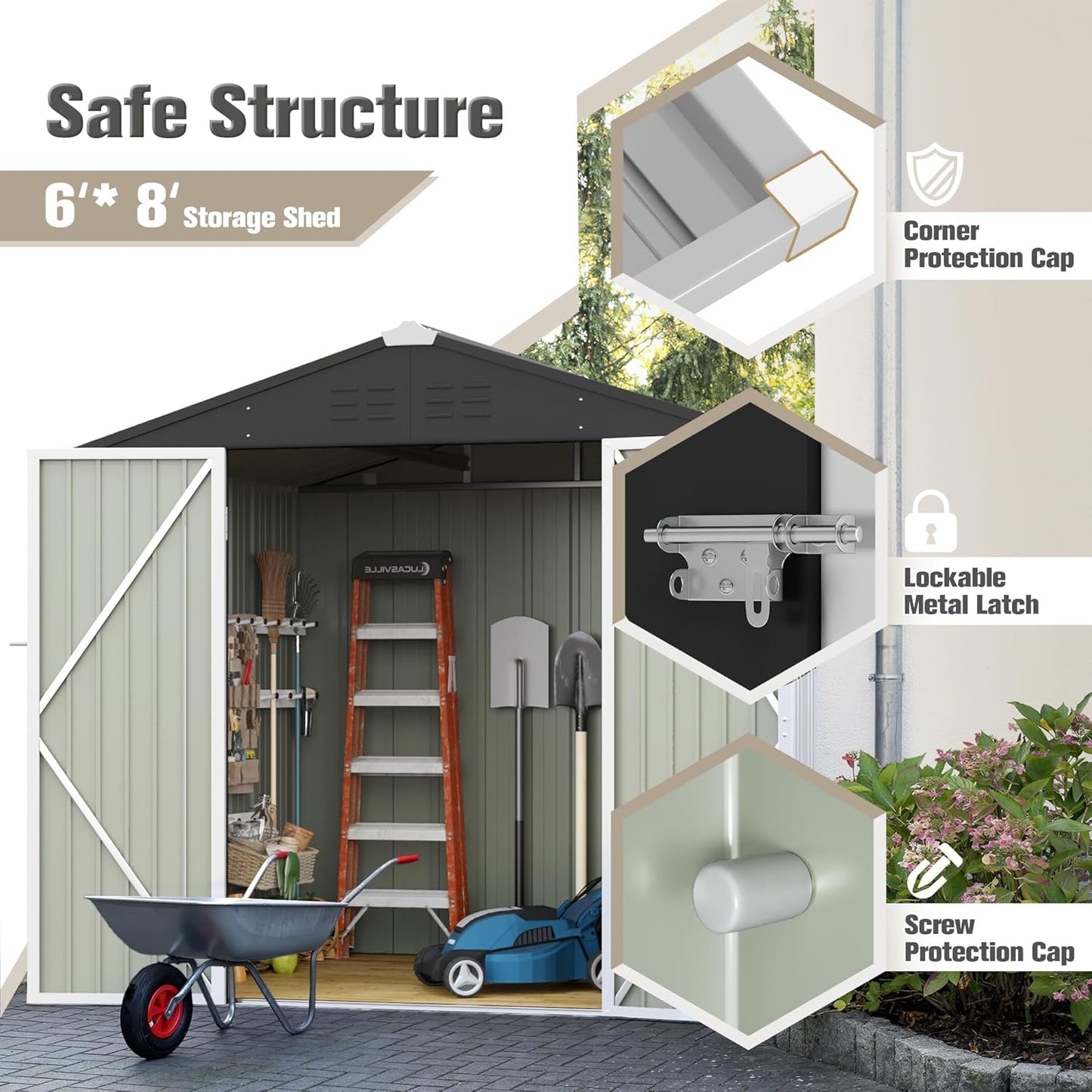 JUMMICO Metal Outdoor Storage Shed 6 x 8 FT Metal Shed with Lockable Door,Waterproof Garden Tool Shed Storage House for Backyard Patio Lawn,White