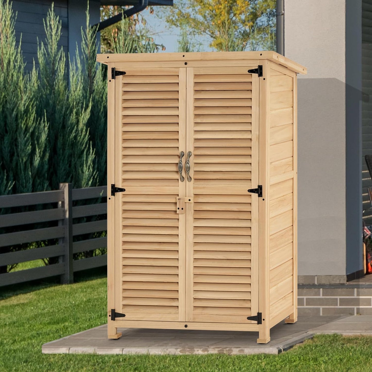 MCombo Outdoor Storage Cabinet, Wooden Storage Shed with Latch, Outside Garden Tool Shed with 2 Doors for Patio Yard Lawn, 0709 (Natural, Small)