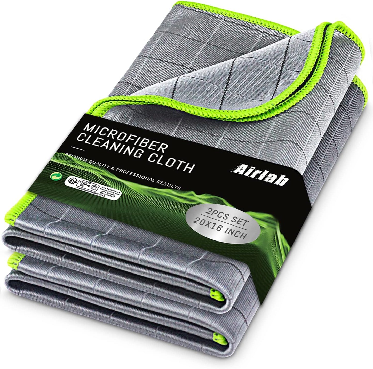 Airlab Carbon Microfiber Towels for Car Glass Window Polishing Cleaning Cloth Auto Detailing Lint Free Streak Free Drying Car Wash Large Towel, Pack of 2, 20" x 16", Grey-Green
