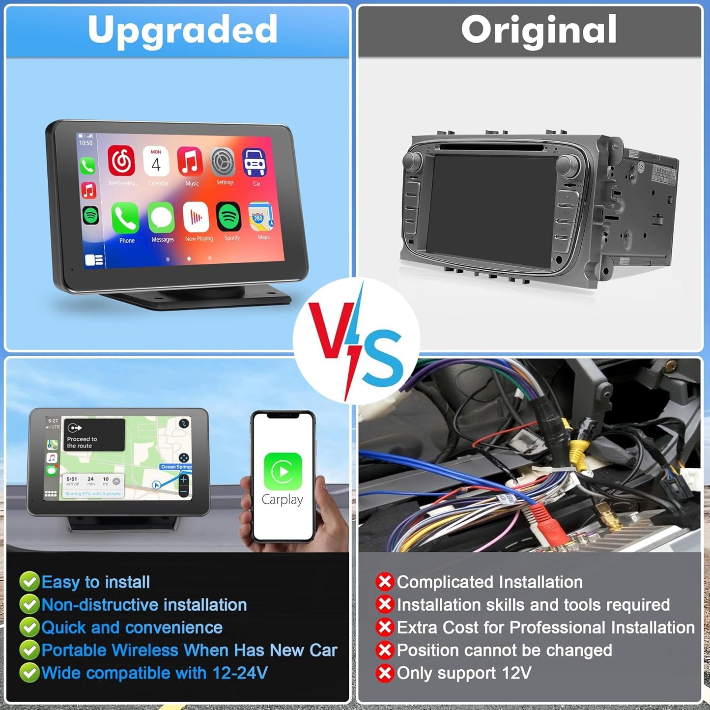 【Hieha】 2025 Wireless Portable Carplay and Android Auto, Carplay Screen for Car with Mirror Link/AUX/FM,7" Touchscreen Bluetooth 5.0, Marine Stereos for All Vehicles