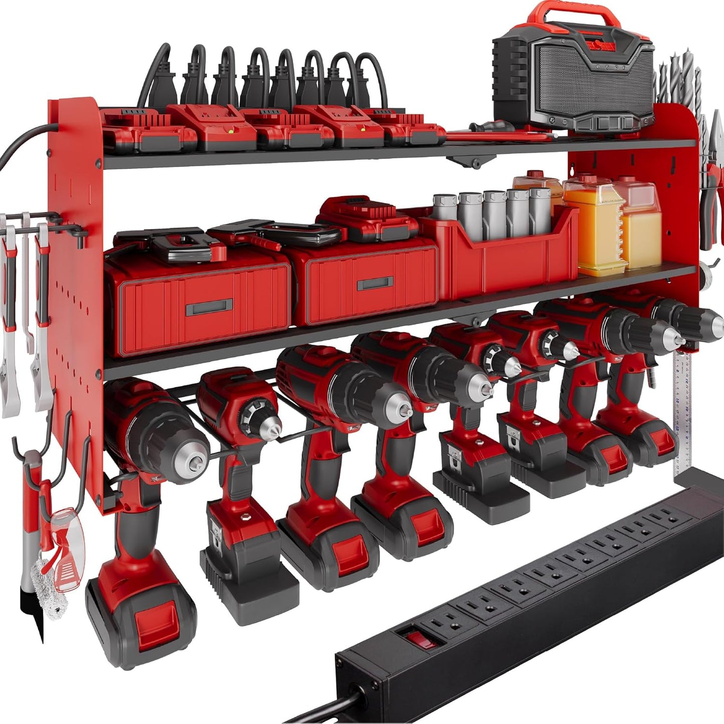 Suchtale Power Tool Organizer with Charging Station,33.2" Garage 8 Drill Holders Wall Mount,3 Layers Heavy Duty Metal Tool Shelf Built in 8 Outlets Power Strip, Gift for Men, Father, Red