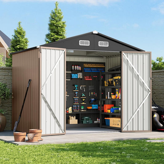 8x6 FT Outdoor Storage Shed with Floor & Lockable Double Doors, Heavy-Duty Galvanized Steel Outdoor Metal Shed for Bike, Tool, Generator Storage in Backyard, Patio (8’x6’, Floor)