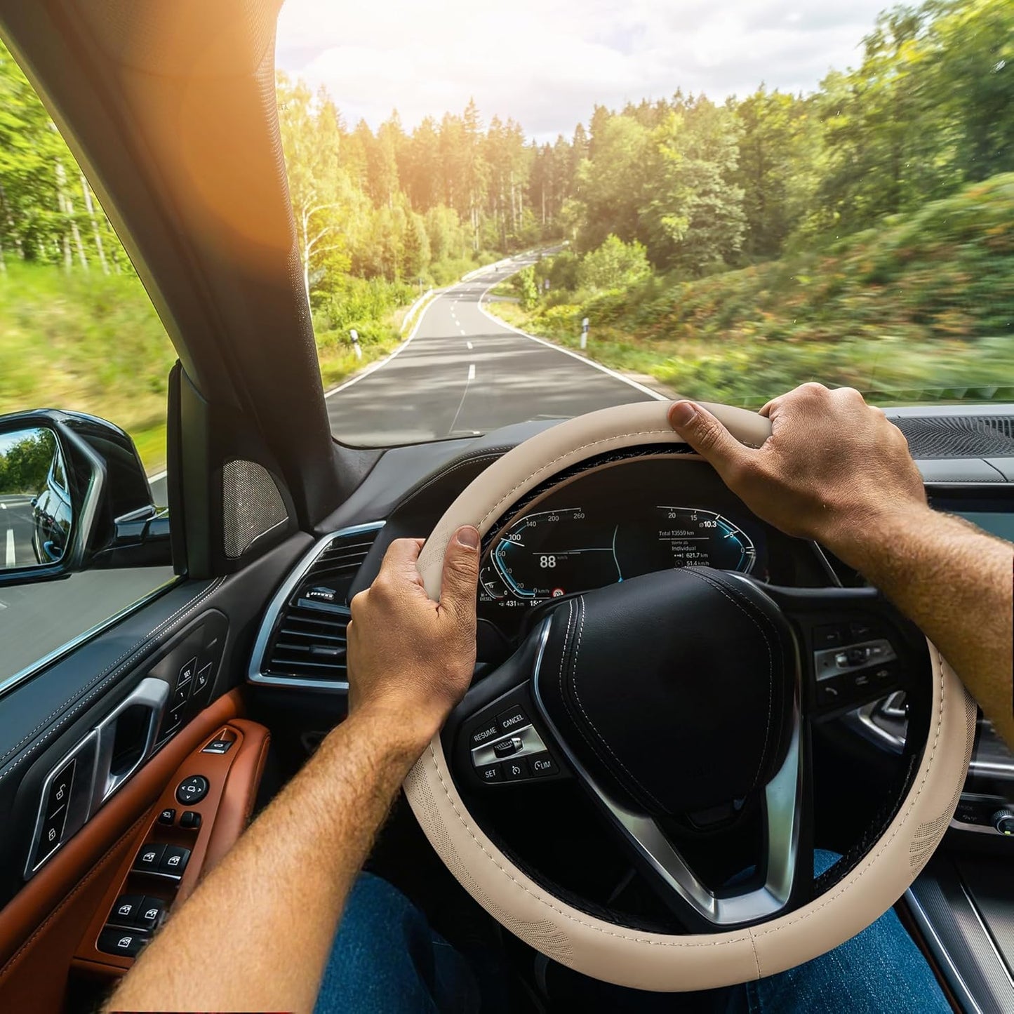 【2025 Model】 Breathable Soft Leather Car Steering Wheel Cover for Men Women, Non-Slip, Comfortable,Universal 15 inches Steering Wheels, Beige