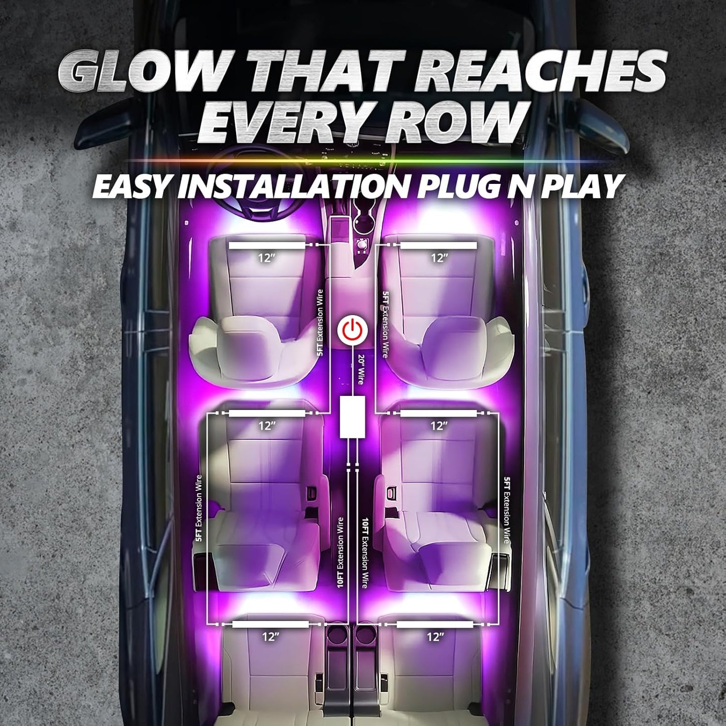 OPT7 Aura Pro 6PC Interior Lights for Truck SUV RV with App & Remote Control, Multicolor Mode, Music Sync Neon Accent Lighting Kit, Under Dash Decor, 12V Car Charger, Single Row LED Strip