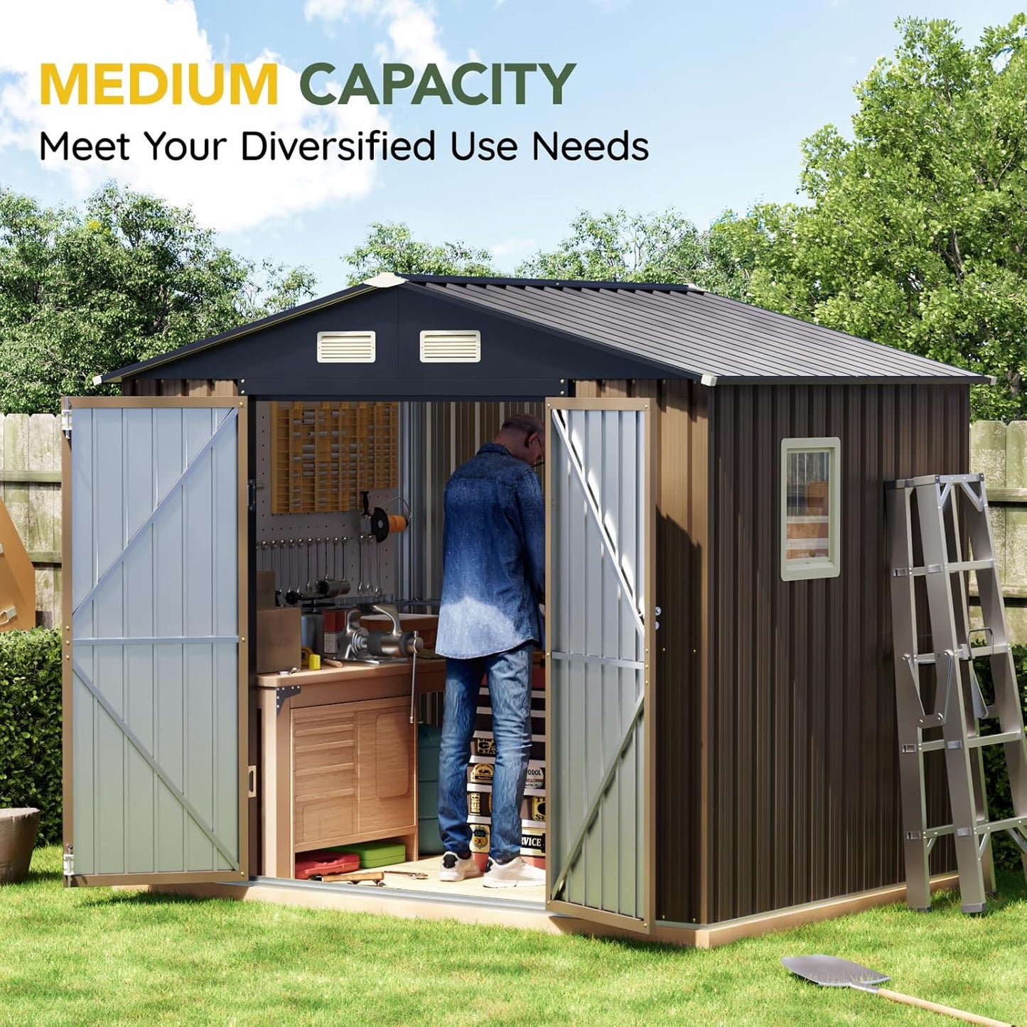 Breezz 8x6FT Outdoor Steel Storage Shed with Clear Window, Lockable Doors, Weather-Resistant Metal Tool Shed for Garden, Backyard, Patio, and Utility Storage.Brown