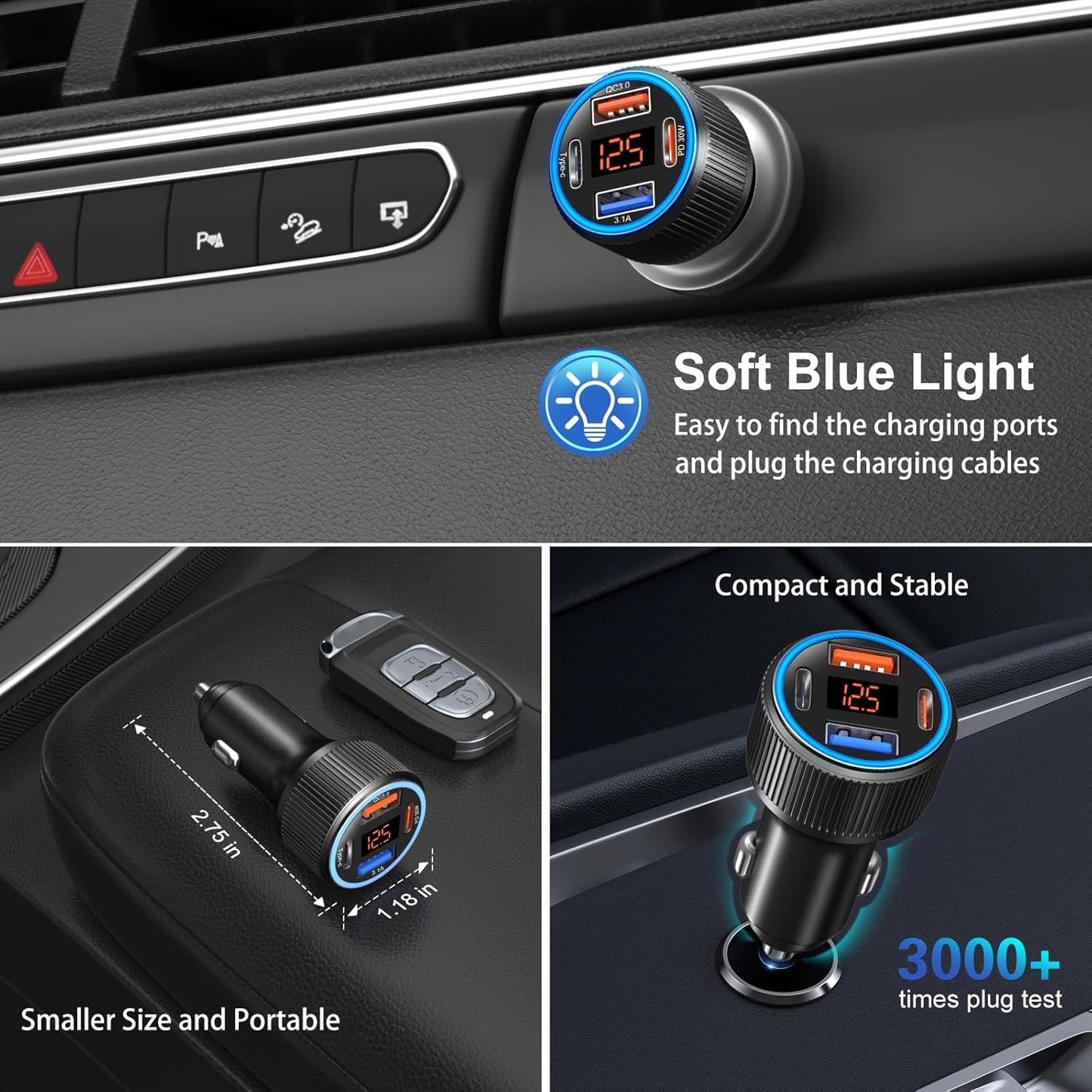 USB C Car Charger 3 Pack, Costyle 65W 4 Port Car Power Adapter with Voltmeter PD 30W/QC 3.0 Fast Charging Cigarette Lighter USB Charger Plug for iPhone 16/15/14/13/12/11 Pro Max/Pad,Android(Black)