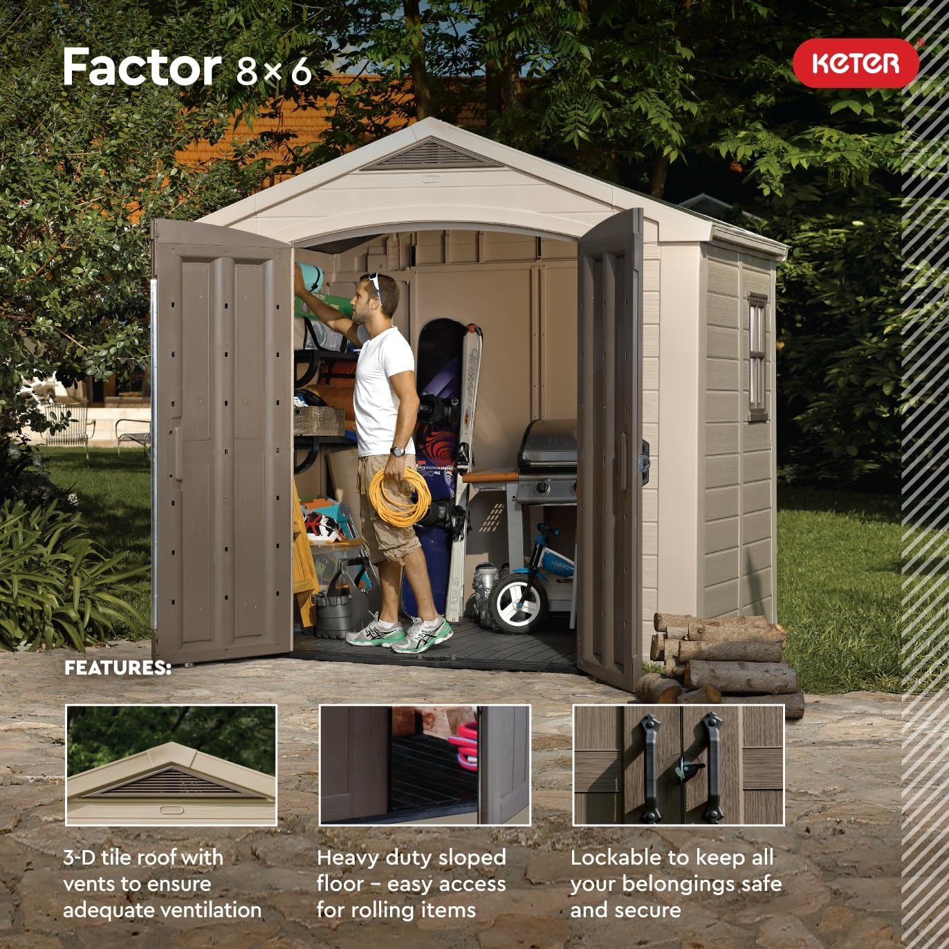 Keter Factor (8x6 ft) Large Resin Outdoor Storage Shed for Patio Furniture, Lawn Mower, Garden Accessories Yard Tools, and Pool Toys, Taupe