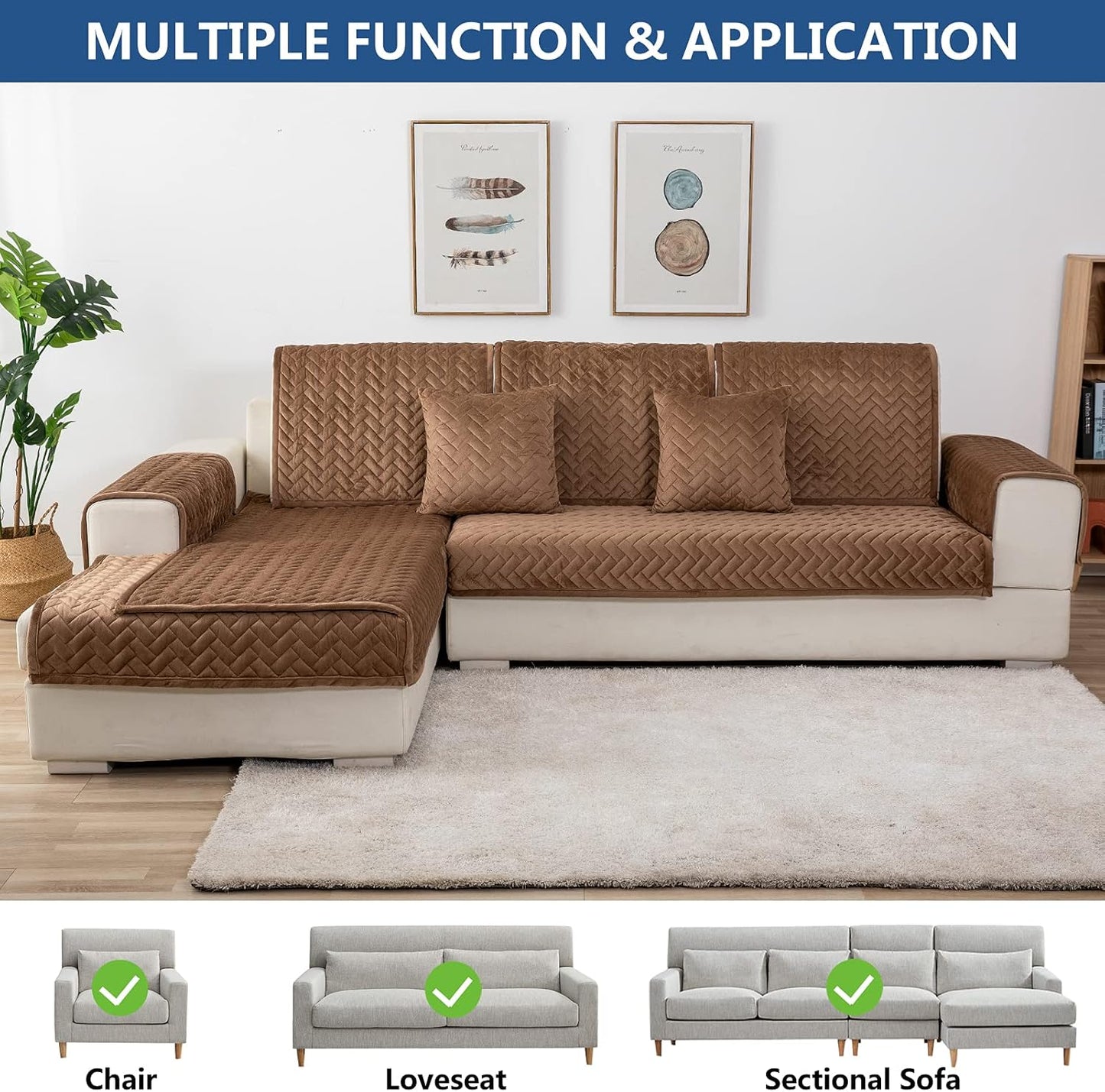 Eismodra Couch Cover,Sectional Couch Covers,Sofa Covers for 3 Cushion Couch,Anti-Slip Sofa Slipcovers for Dogs Cats Kids Loveseat Recliner L Shaped Armrest Backrest,Brown 36''x63''(Only 1 Piece)