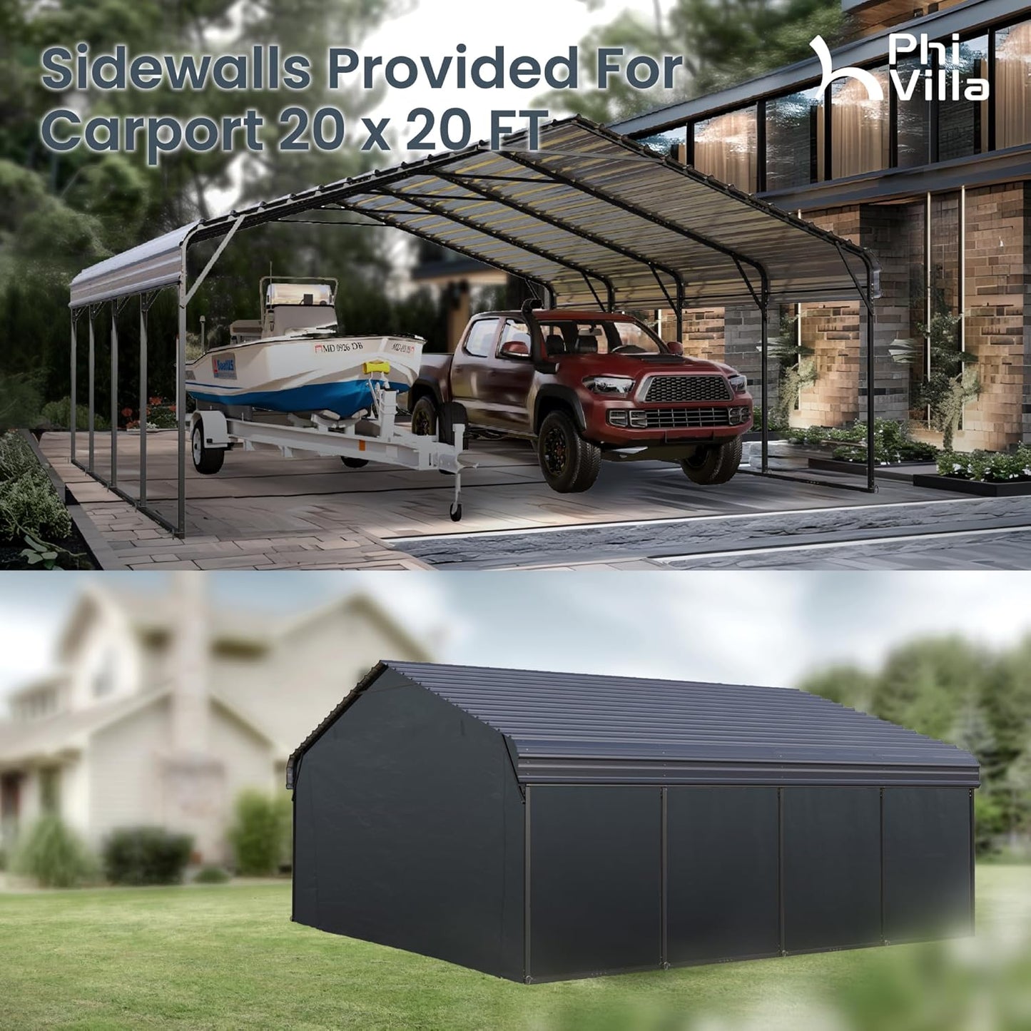 PHI VILLA 20 x 20 ft Carport 2 car Metal Carport Tent with Galvanized Steel Roof with Sidewalls Enclosure Kit, Sturdy Heavy Duty Metal Storage Shed for Cars, Boats, and Tractors