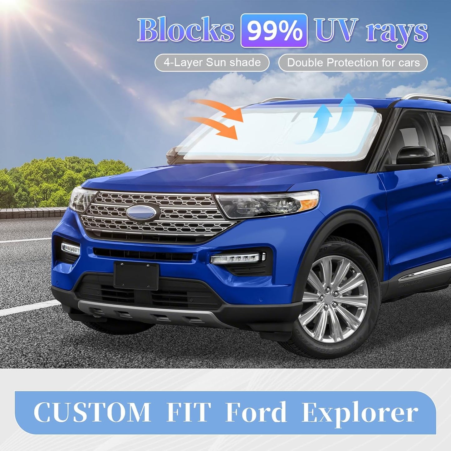 for Ford Explorer 2020-2024 2025 Sun Shade Sunshade Windshield Cover, 4-Layer Front Window Shade Custom Fit Explorer SUV ST XLT, Limited, Platinum Sun Visor 240T Shade Blocks UV Rays Car Accessories