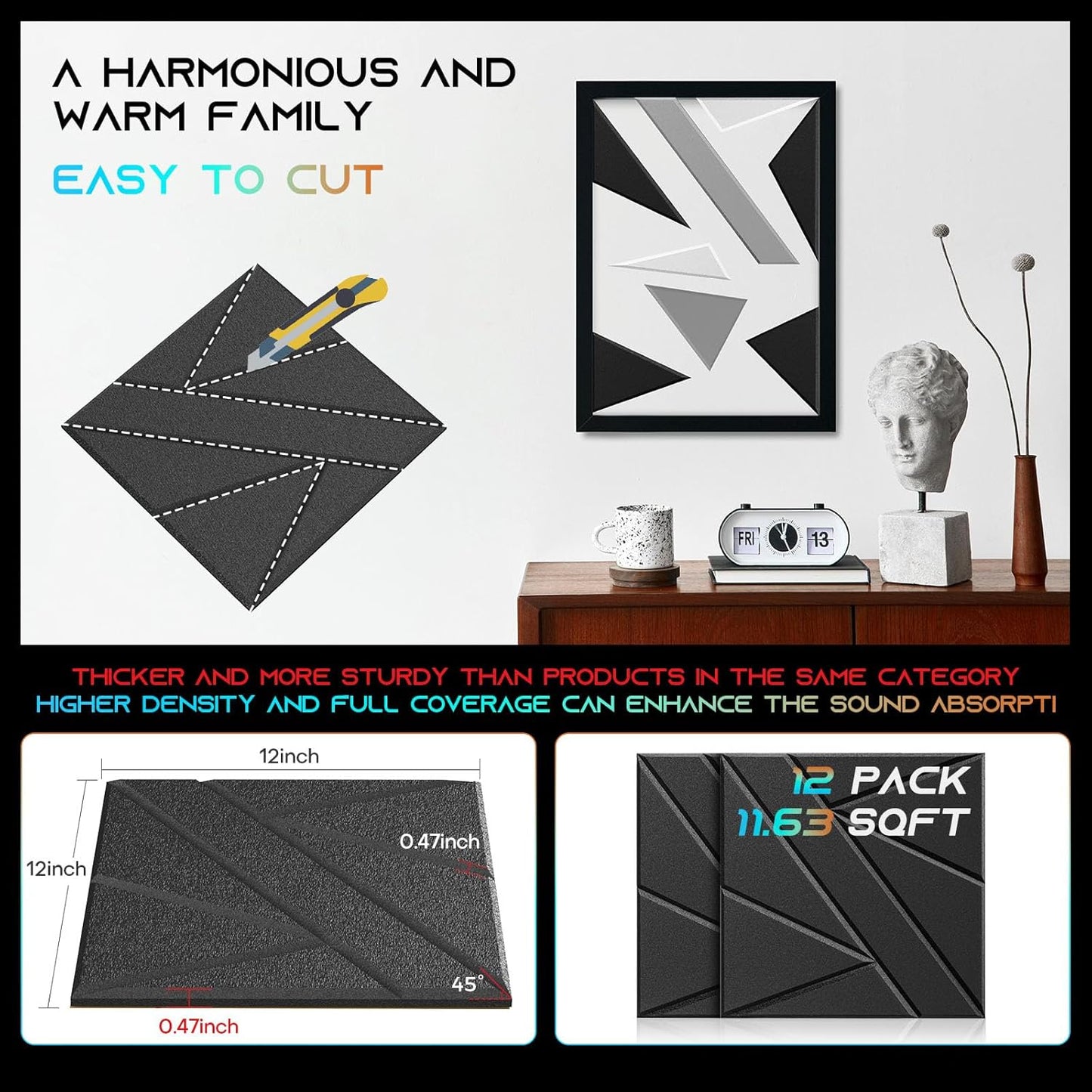 12 Pack Self-Adhesive Soundproof Wall Panels, 12 x 12 x 0.47 In Sound Proof Foam Panels for Walls, 1.2lb/ft³ High Density, Thicker 0.47in, Acoustic Panels, Noise Dampening Panels Studio Black