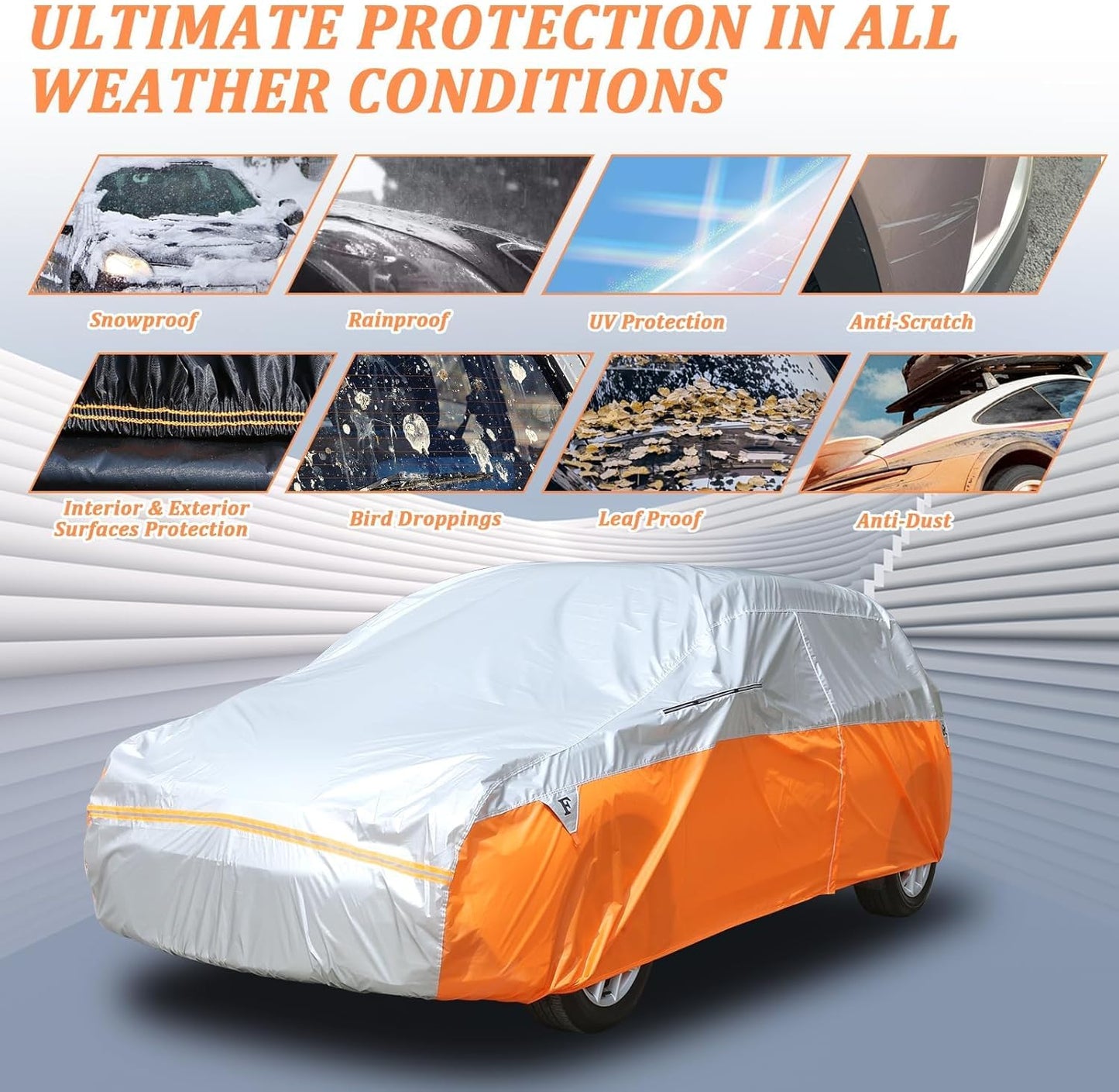 Tecoom Car Cover for Automobiles, Weatherproof Full Exterior Covers, Universal Car Tarp Covers w/Detachable Gust Straps for Toyota Corolla Ford Focus Chevrolet Sonic, Fit 160"-172" Hatchback