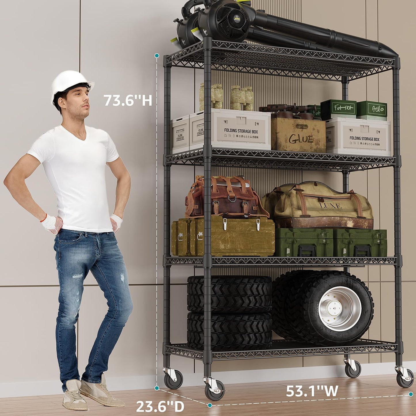 IZEUK Garage Shelving Wide Storage Shelves 4 Tier Metal Shelves Heavy Duty Adjustable Utility Shelf Rack Black 23.6" D x 53.1" W x 73.6" H