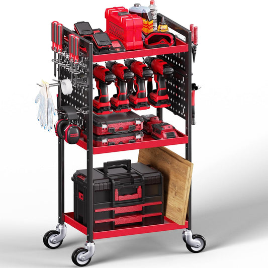 Power Tool Organizer Cart, Garage Tool Storage, Heavy Duty 4 Tier Floor Standing Rolling Shelf with Wheels, Mobile Workbench for Garage Workshop Home Repair, Gift for Father Men Husband, Red