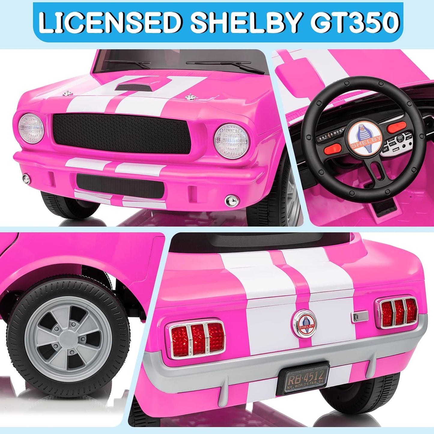Winado 12V Licensed Shelby Electric Car for Kids, Battery Powered Ride On Toy for Toddlers with Remote Control, Upgrade Panel, Bluetooth, Shock Absorbers, Safety Belt, 3 Speeds, LED Lights - Pink