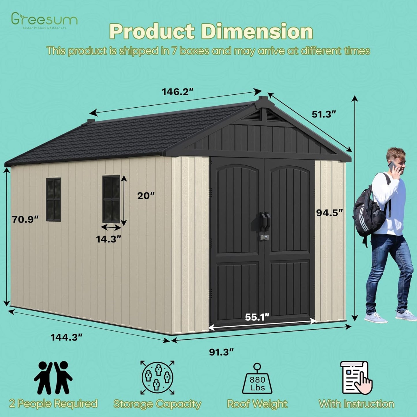 Greesum 8×12 FT Plastic Outdoor Storage Shed with Floor, Resin Sheds with Window and Lockable Door, Weather Resistant Organization for Garden, Lawn, Pool Supplies, Beige