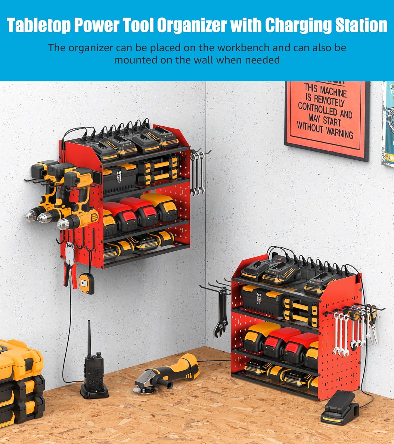 CCCEI Modular Desk Power Tools Organizer with Charging Station, 4 Layer Drills Battery Storage Wall Mount, Garage Shop Organization, Anniversary, Birthday, Gifts for Men, Father, Red, 6FT Cord.