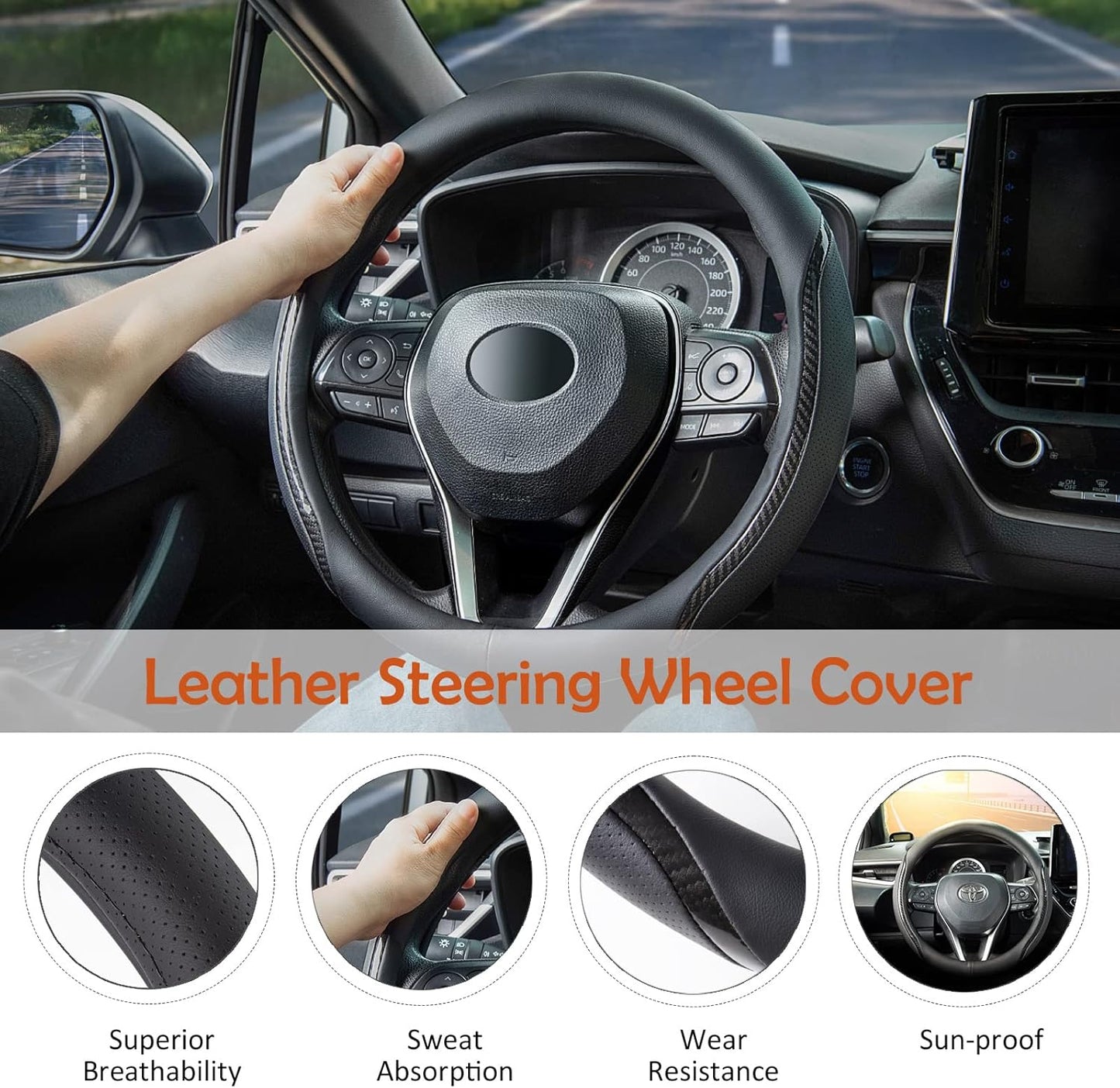 Car Steering Wheel Cover Black, 14-14.5 inch Steering Wheel Covers with Coasters Microfiber Leather Carbon Fiber Breathable Anti-Slip Durable Universal Auto Steering Wheel Protective