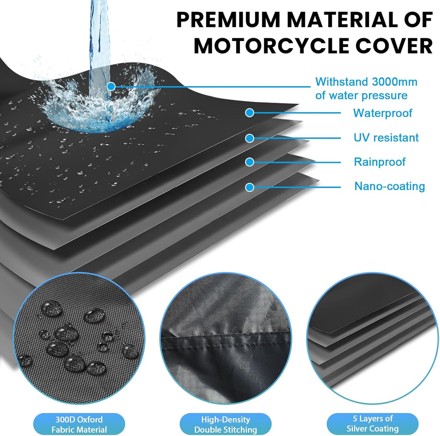 Waterproof Motorbike Cover Outdoor, Motorcycle Scooter Moped Rain Dust Cover with 5 Reflective Strips and 2 Windproof Buckles, 2 Lock-Holes for Cruisers Sportbikes (3XL: 104 x 35 x 49 inch)